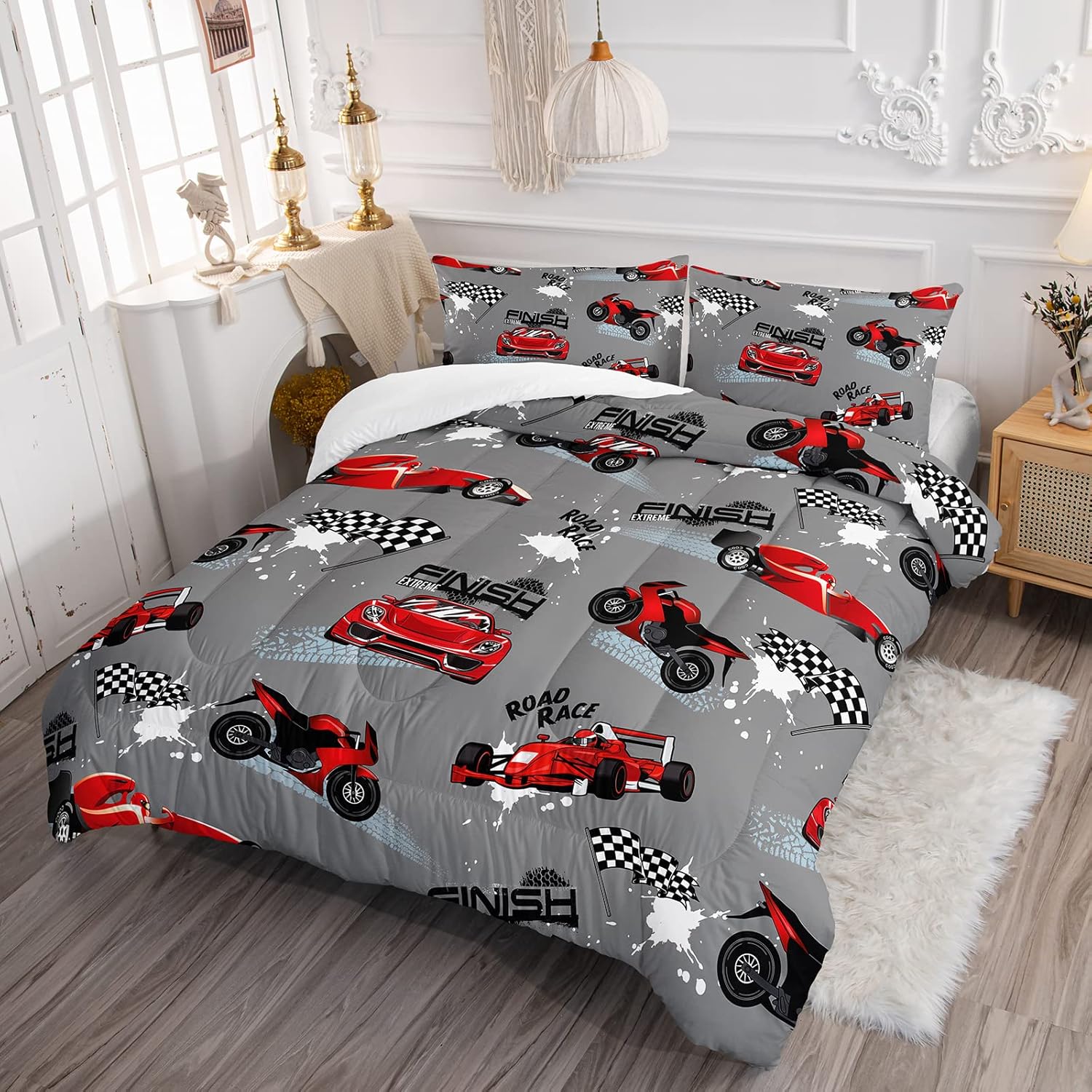 Axolotl Juego de edredón para niños, tamaño Queen, juego de ropa de cama de autos de carreras para niños, niñas, adolescentes, regalos de carreras