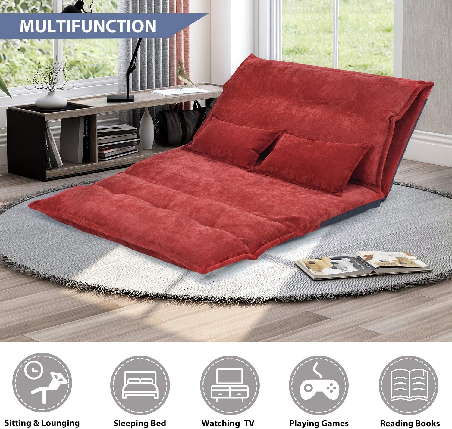 Sofá de suelo, sofá de suelo con 2 almohadas, sofá biplaza reclinable de piel sintética, sofá plegable perezoso, 5 posiciones, sofá de videojuegos