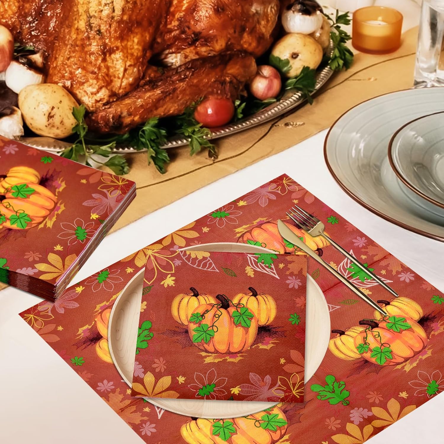 Paquete de 40 servilletas de papel para el día de Acción de Gracias, 13 x 13 pulgadas, servilletas desechables de calabaza, vajilla de almuerzo,