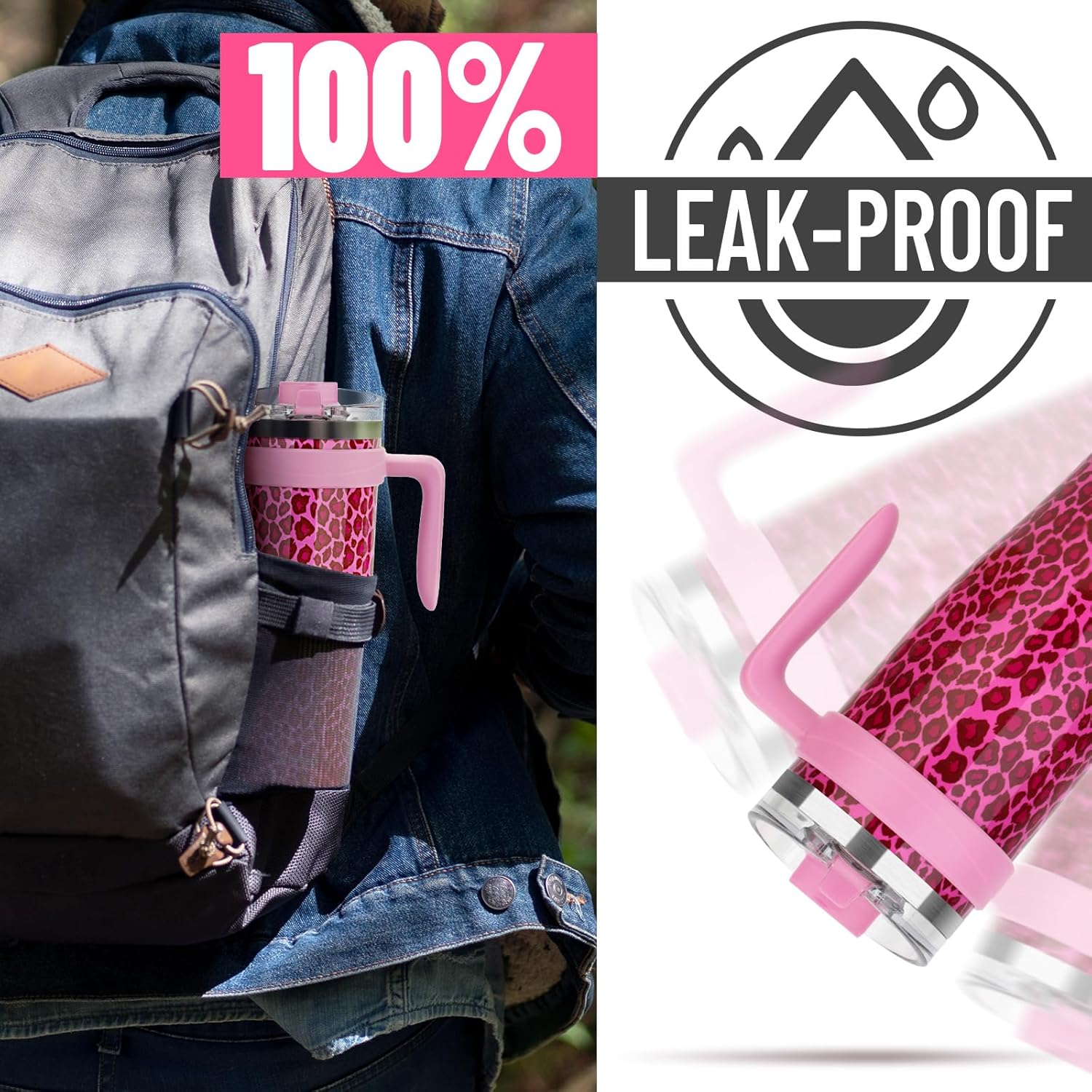 Vaso de 40 onzas con asa y popote abatible, vaso de acero inoxidable aislado con tapa para sorbopopote 2 en 1, taza de viaje a prueba de fugas, cabe