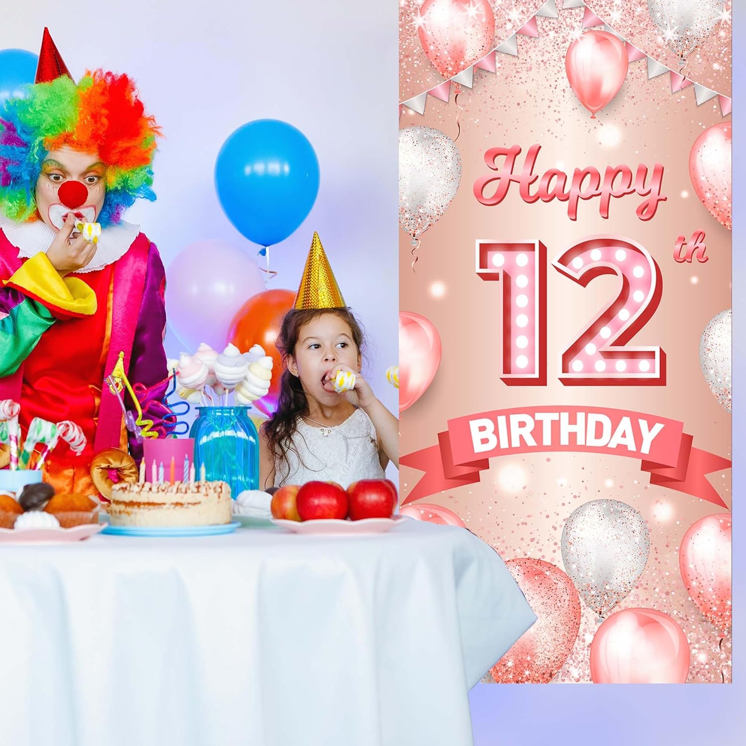 Cartel de feliz cumpleaños número 12 de oro rosa, telón de fondo de globos de confeti de 12 años, decoración temática de globos de confeti para