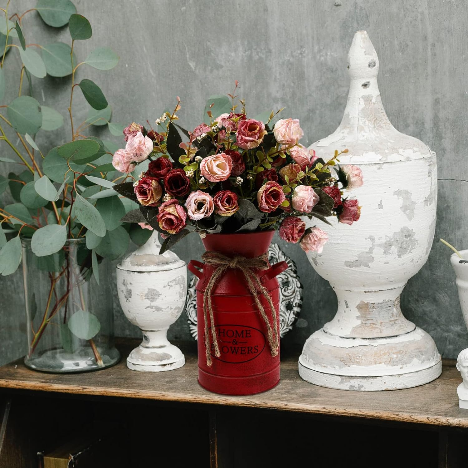Cubo de flores de hierro con asa, maceta retro con cuerda de yute, jarrón francés vintage rojo con letra de flor para el hogar, contenedor de flores