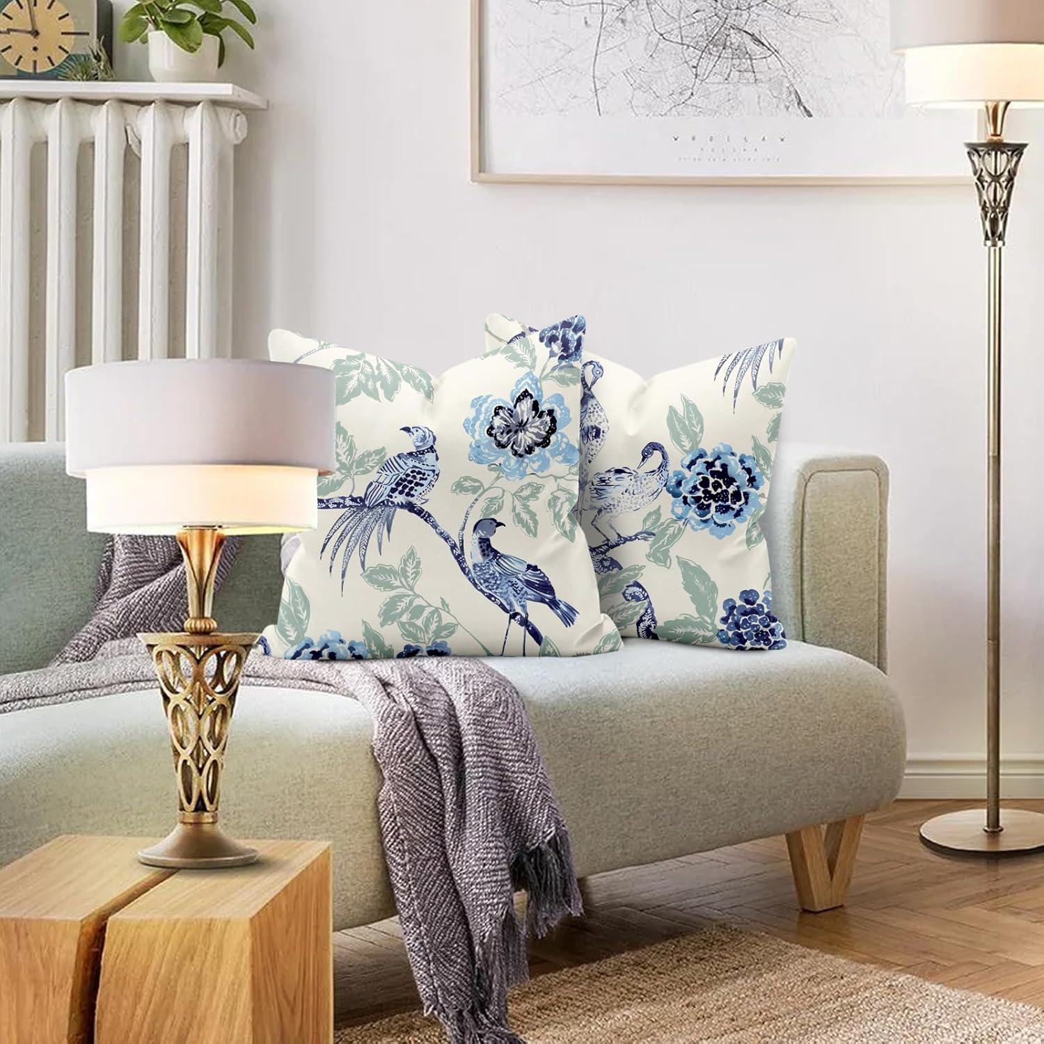 Chinoiserie – Juego de 2 fundas de almohada de 18 x 18 pulgadas, color azul y blanco, fundas de almohada decorativas de lino para exteriores, fundas