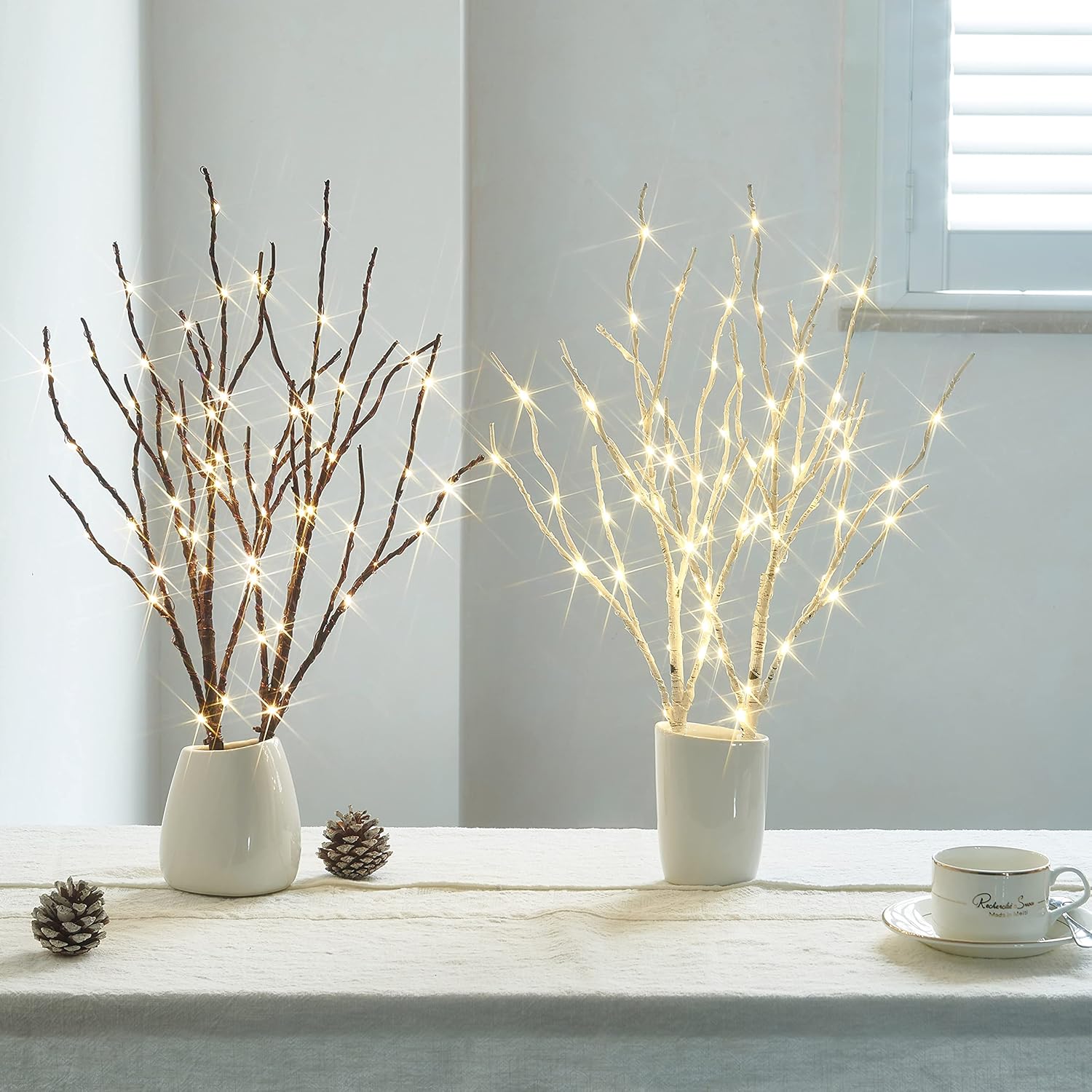 Birchlitland Ramas de abedul iluminadas con temporizador, funciona con pilas, 18 pulgadas, 70 L, luces LED blancas cálidas, luces decorativas