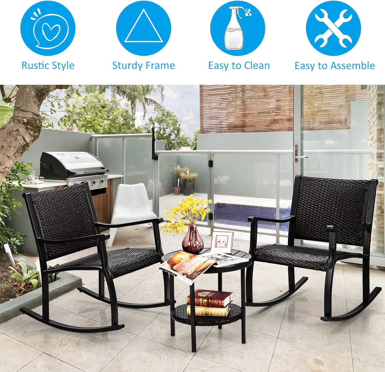 COSTWAY Juego de 3 sillas mecedoras de ratán para patio, mesa de café, estante de almacenamiento