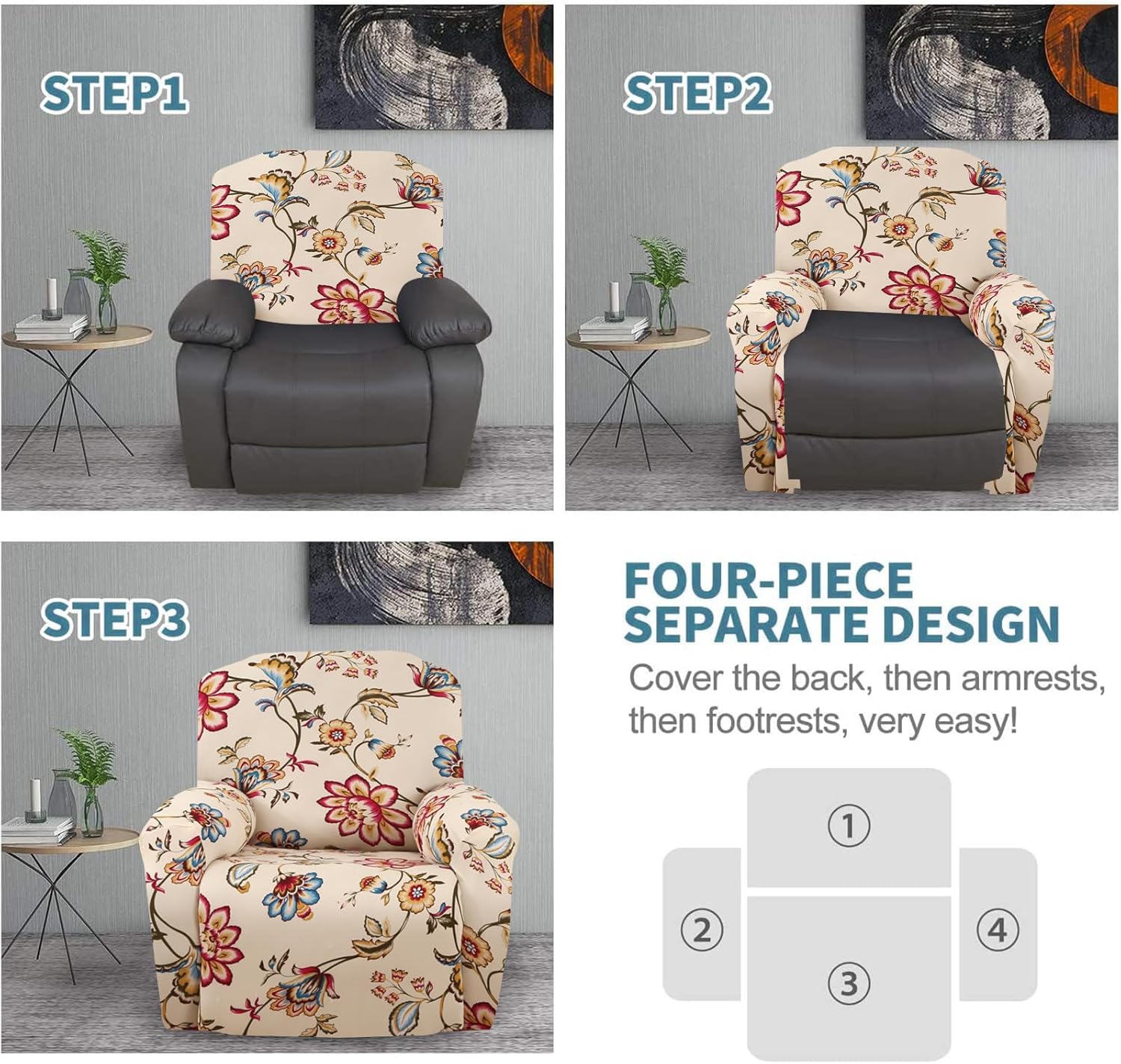FUANGUI Fundas reclinables estampadas con bolsillo lateral, funda para sofá de 4 piezas, fundas elásticas para sofá reclinable de 1 asiento, fundas