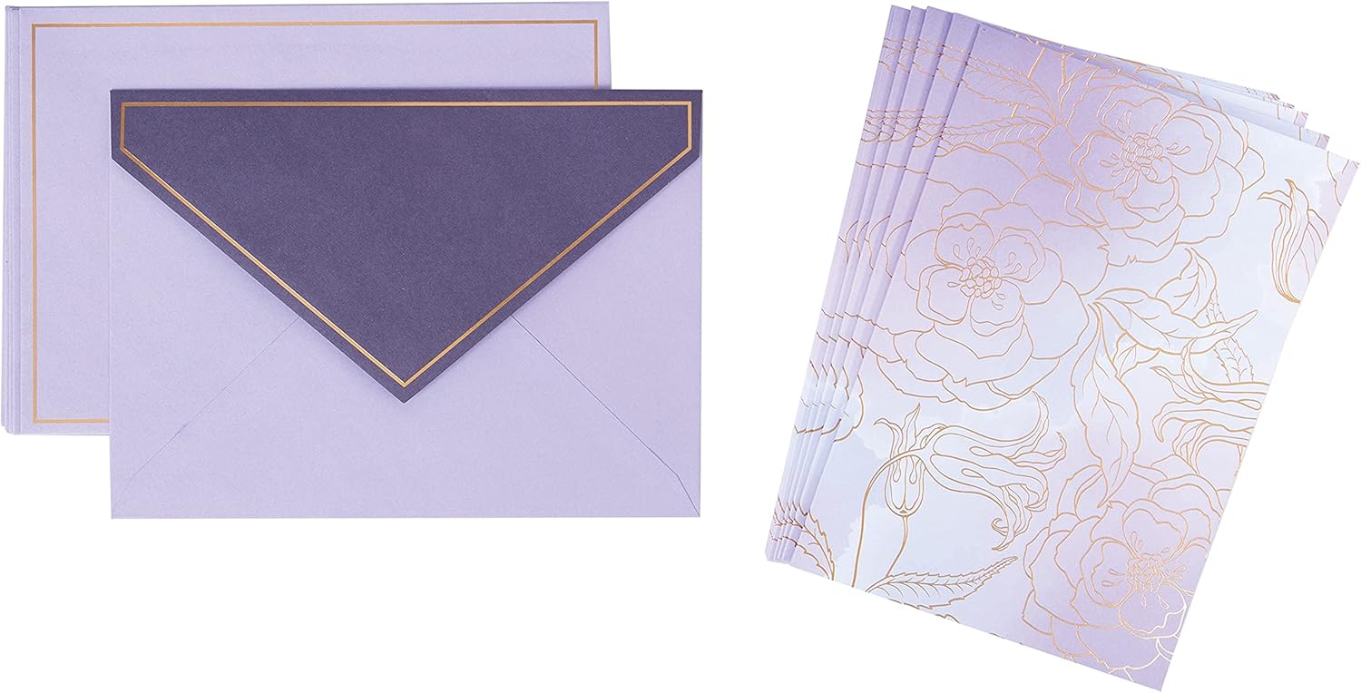 C.R. Gibson CN89-24042 – Juego de tarjetas de felicitación en caja y para todas las ocasiones, 10 tarjetas con 10 sobres, floral dorado y morado