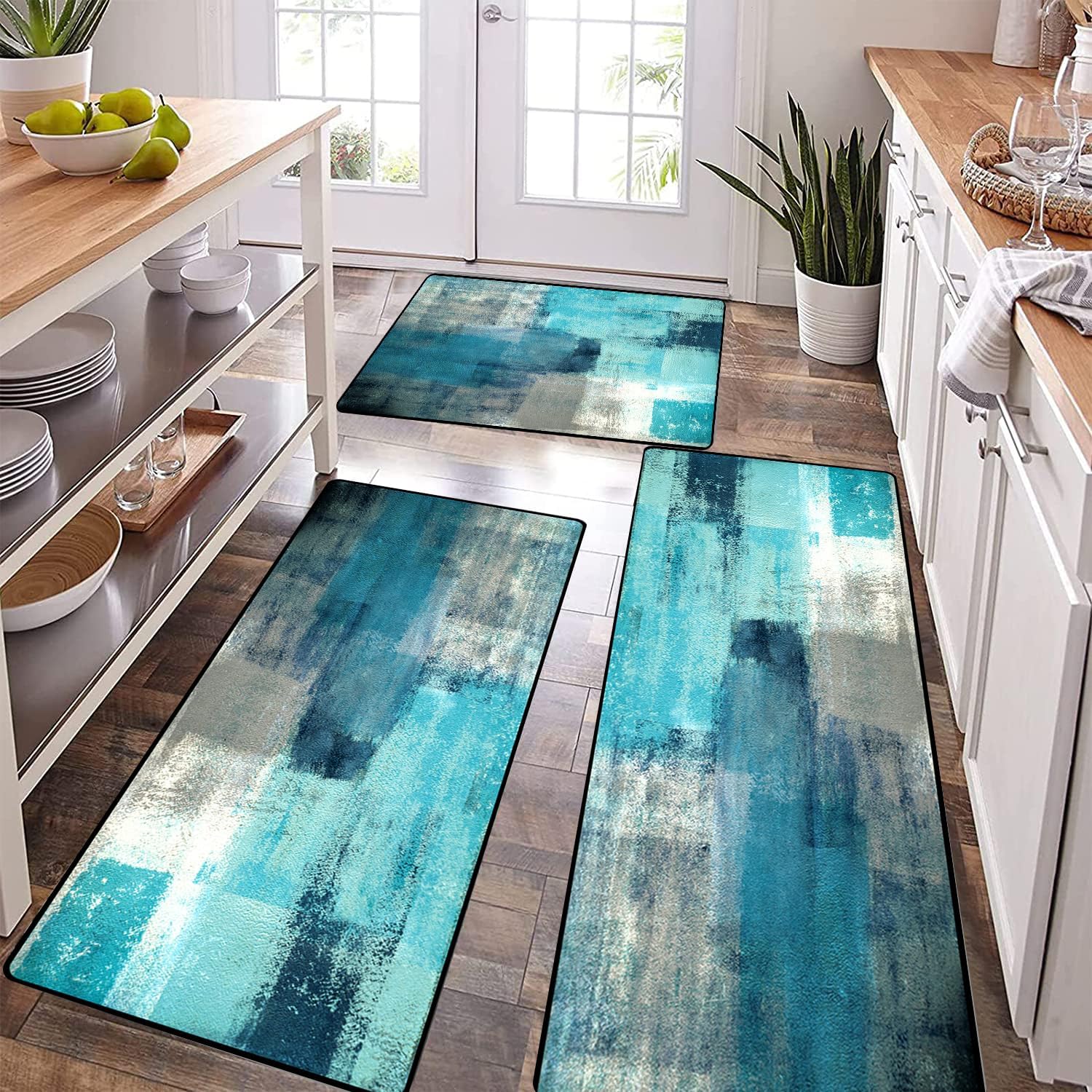 TOMWISH Juego de 3 tapetes de cocina color turquesa, arte abstracto gris, 20 x 32 + 20 x 48 + 20 x 59 pulgadas, tapetes de cocina lavables