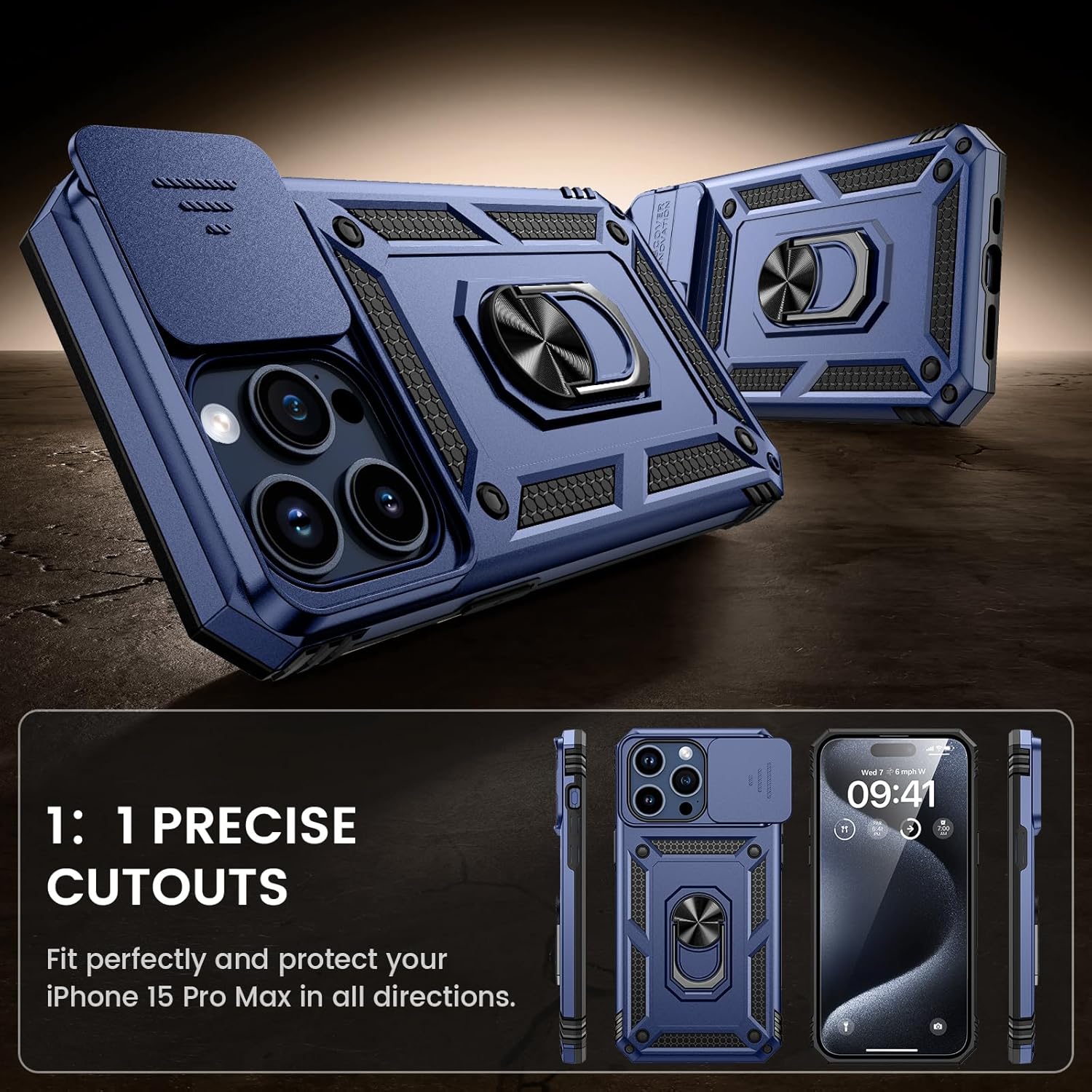 Goton Funda para iPhone 15 Pro con protector de pantalla – Funda protectora para cámara deslizante con soporte de anillo, resistente a los golpes y