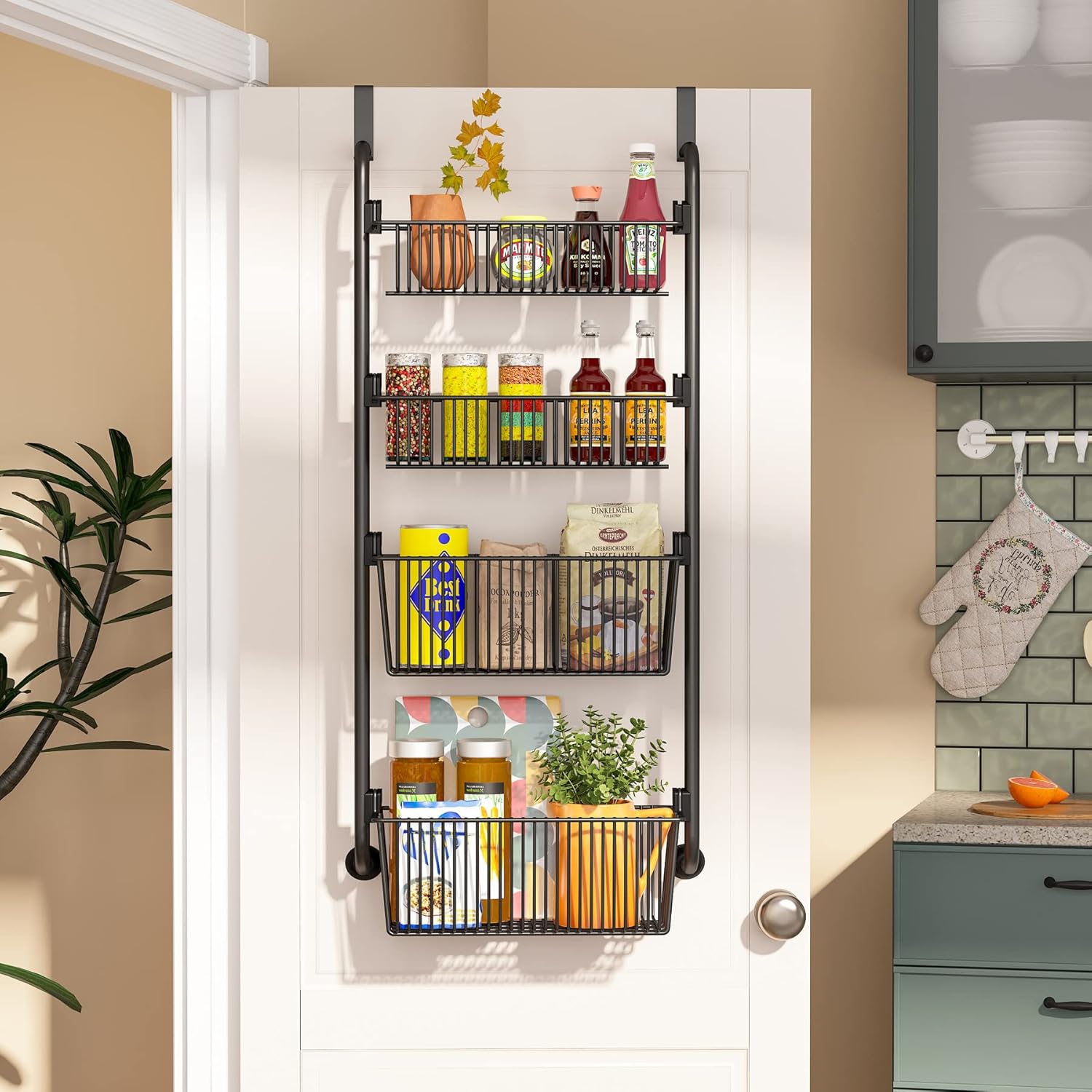 1Easylife Estante organizador sobre la puerta, 4 cestas de organización y almacenamiento de puerta de despensa, estante de especias de cocina de