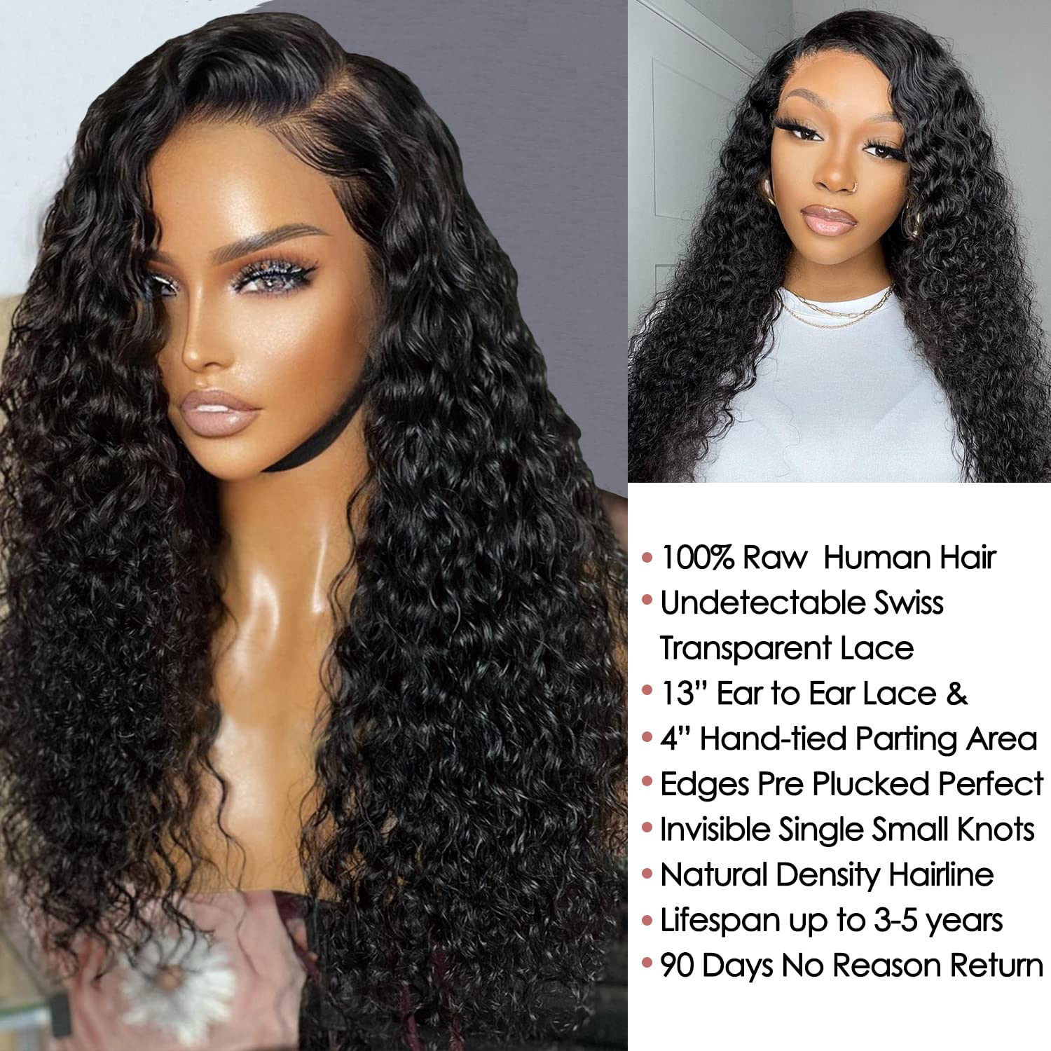 Brennas Pelucas de cabello humano rizado con encaje frontal para mujer, sin pegamento, con ondas profundas, pelucas de cabello humano prearrancado