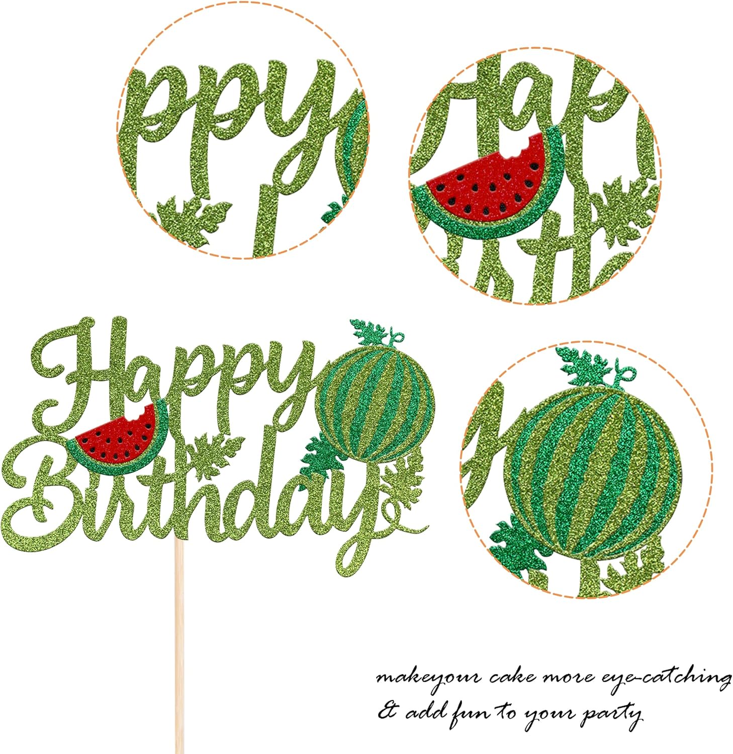 1 paquete de decoración de pastel de feliz cumpleaños con purpurina de sandía para cupcakes, baby shower, sandía, fruta, niños, fiesta de