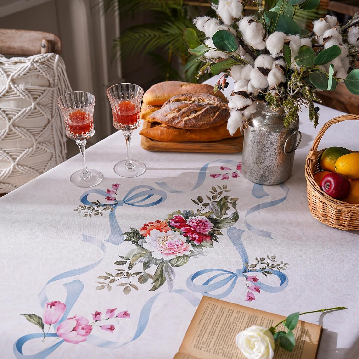 ARTABLE Mantel estampado vintage clásico con patrón de cinta de flores, impermeable, mesa de comedor, cocina, mesa de café, jardín, boda, exterior e