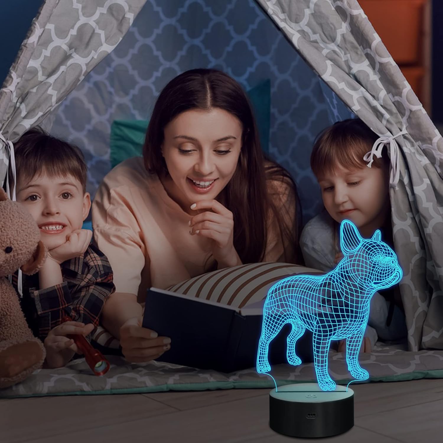 Lampeez Luz nocturna de bulldog francés 3D, lámpara de ilusión óptica de 16 colores cambiantes con control remoto para cumpleaños, Navidad, día de