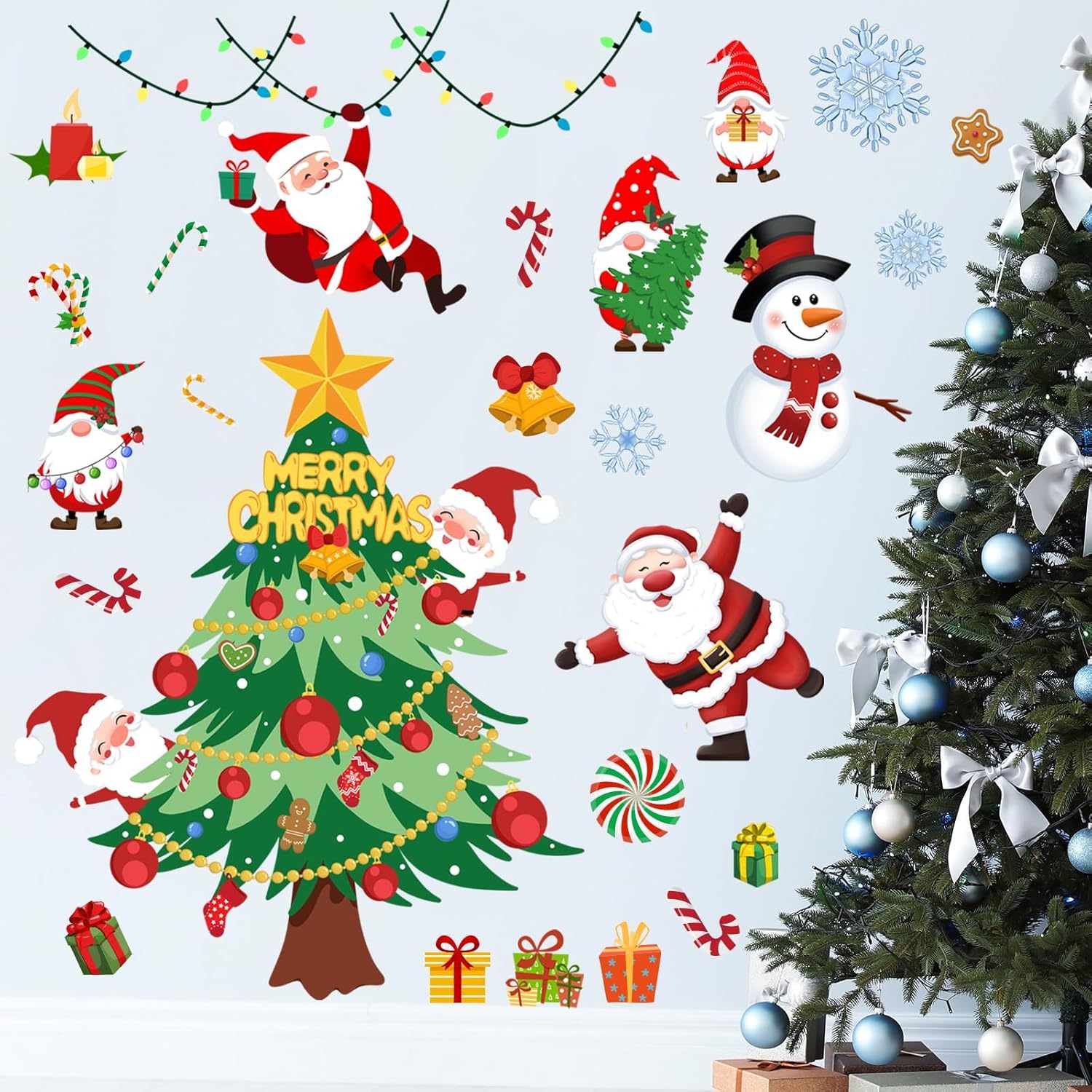 Calcomanía de pared de árbol de Navidad de 41.33 x 41.33 pulgadas, calcomanías de pared de Papá Noel de Navidad, muñecos de nieve, decoración de