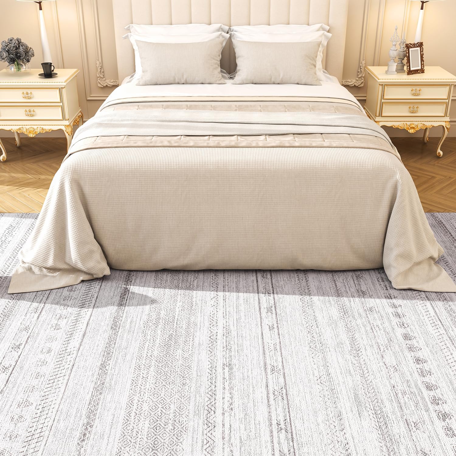 Alfombra de área de 9 x 12 pies para sala de estar, lavable a máquina, alfombra envejecida para interiores, alfombra bohemia marroquí neutra, ultra
