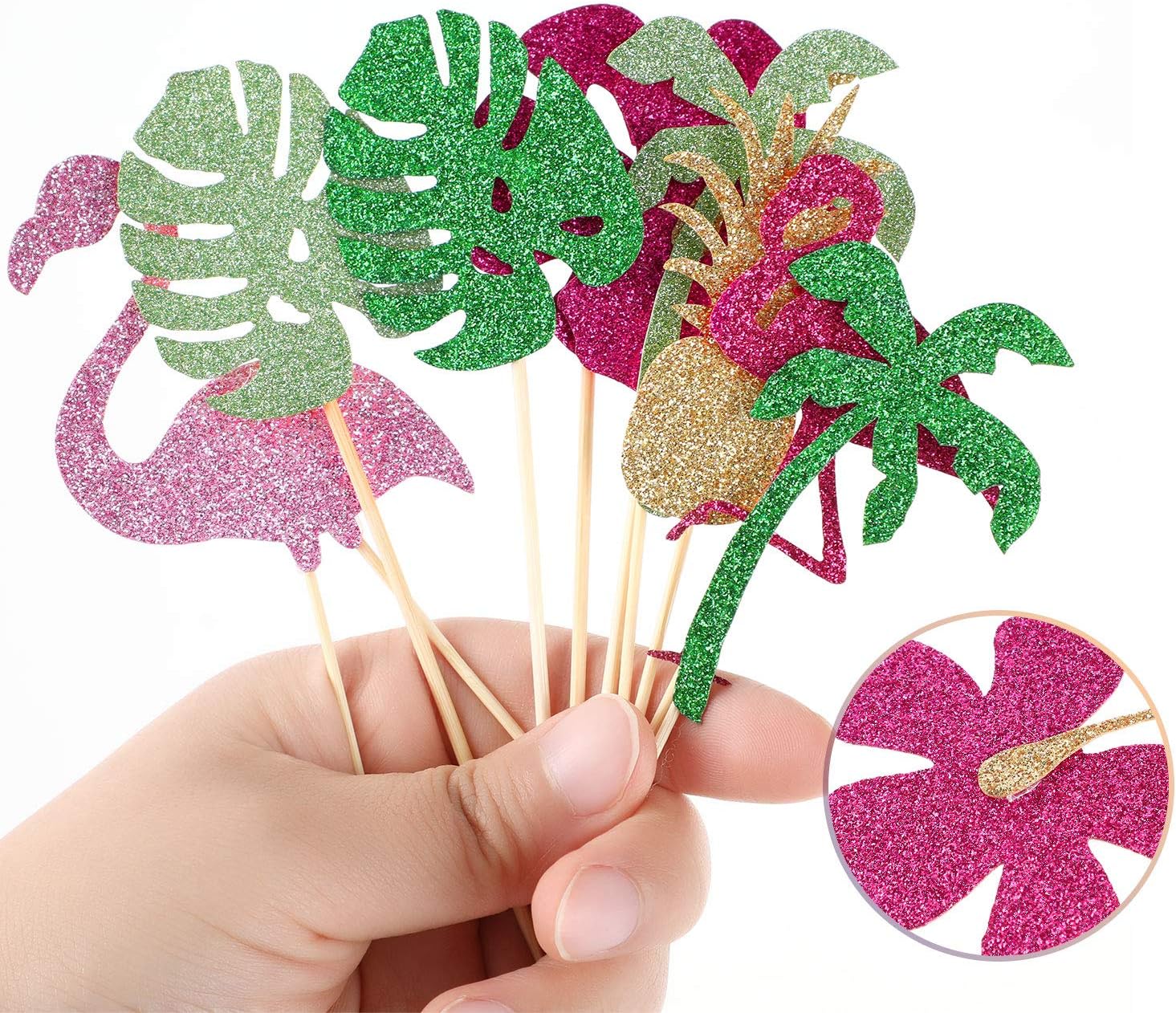 50 piezas tropicales hawaianas Luau Cupcake Toppers con purpurina Hawaii Cake Cocktail Palillo de dientes flamenco piña hibisco flores hojas de