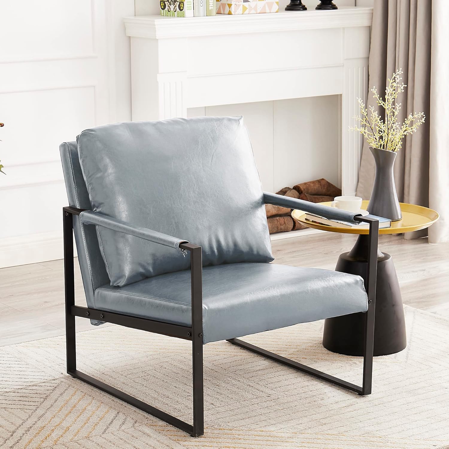 Familymill Sillón moderno de mediados de siglo, sofá individual de piel sintética con respaldo acolchado extra grueso y cojín de asiento para sala