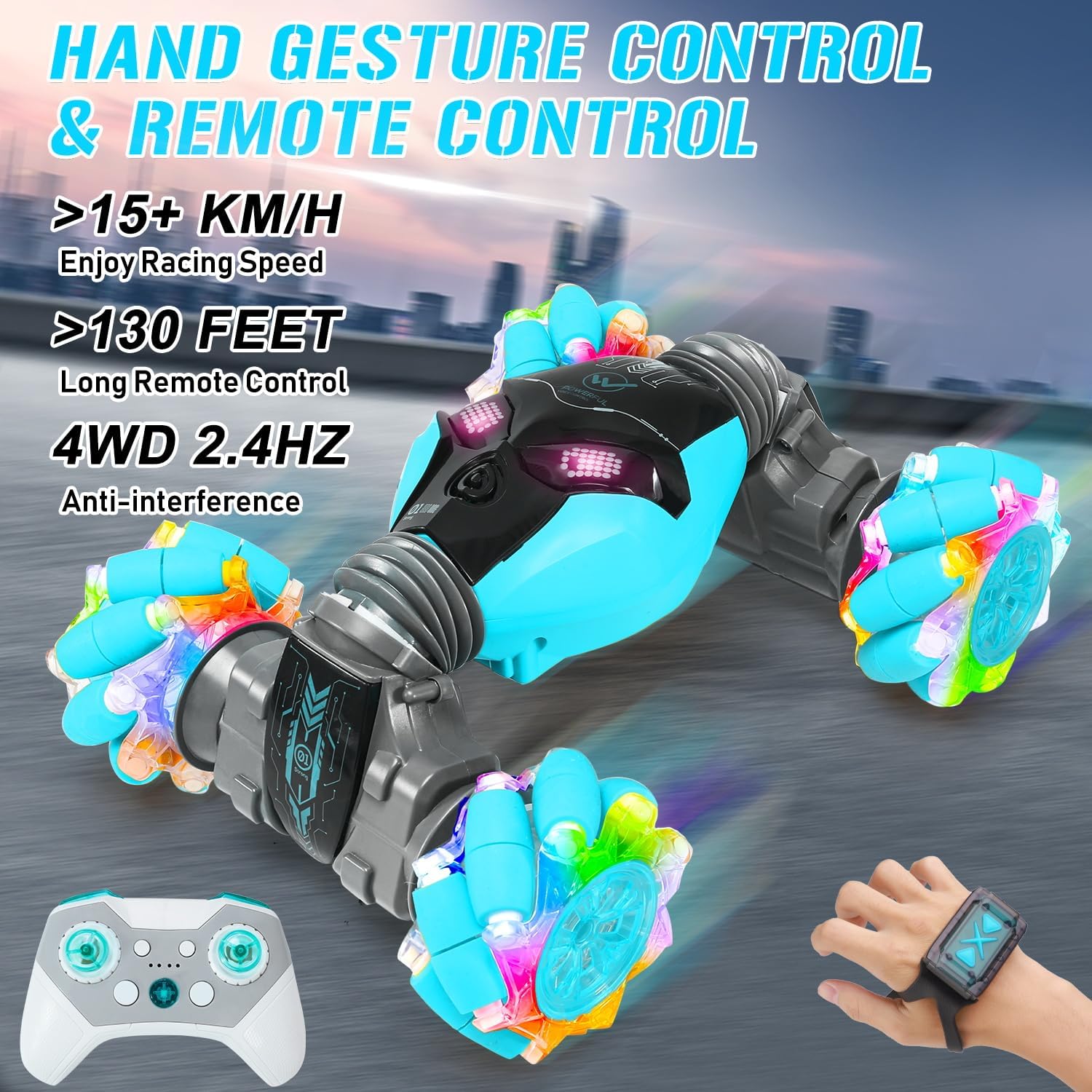 Coches de control remoto con música ligera 112 para niños de 6 a 12 años + auto a control remoto controlado a mano 2.4GHz 4WD Rc Stunt Car Stunt Car