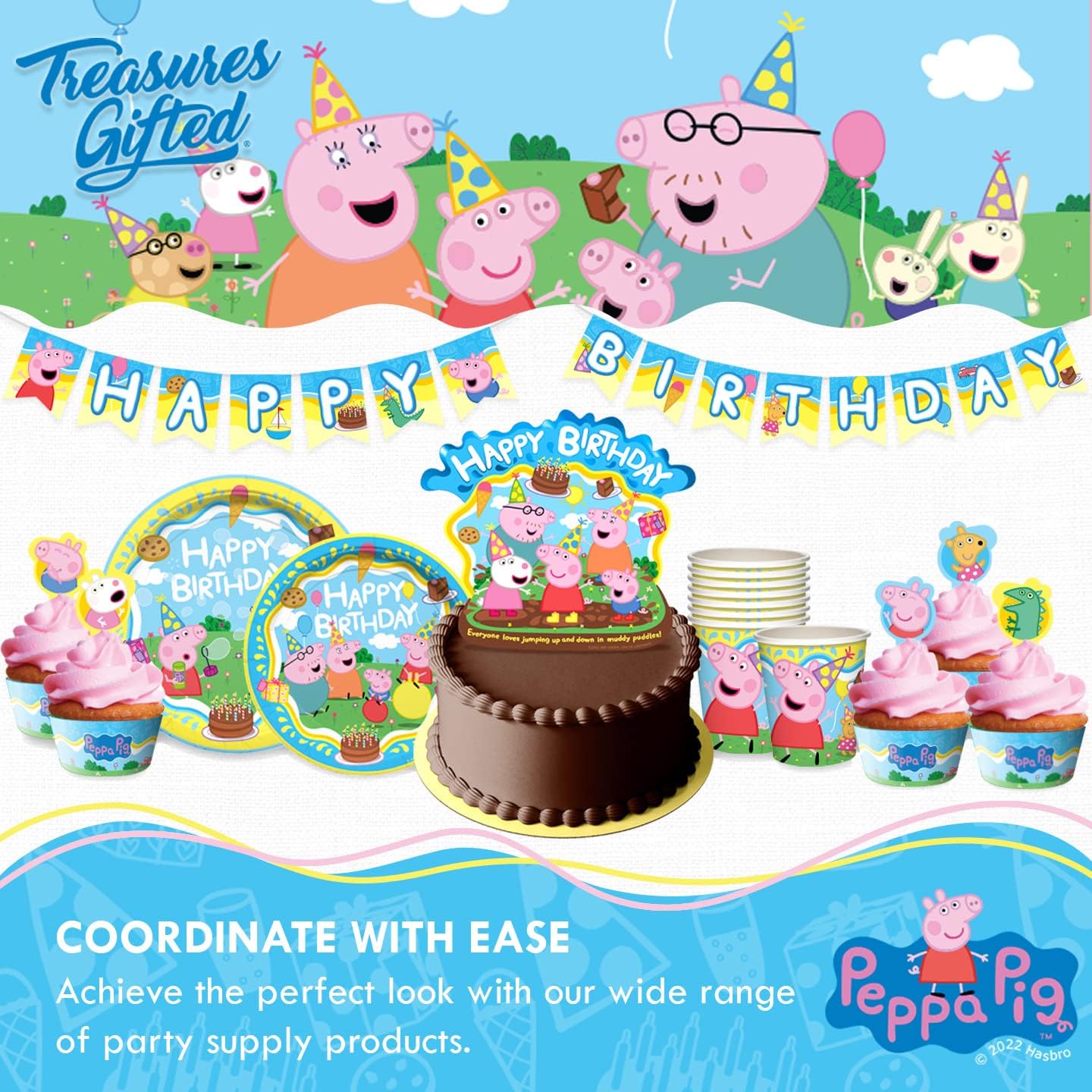 Treasures Gifted Suministros para fiesta de cumpleaños con licencia oficial de Peppa Pig, sirve para 24 invitados, juego clásico de vajilla –