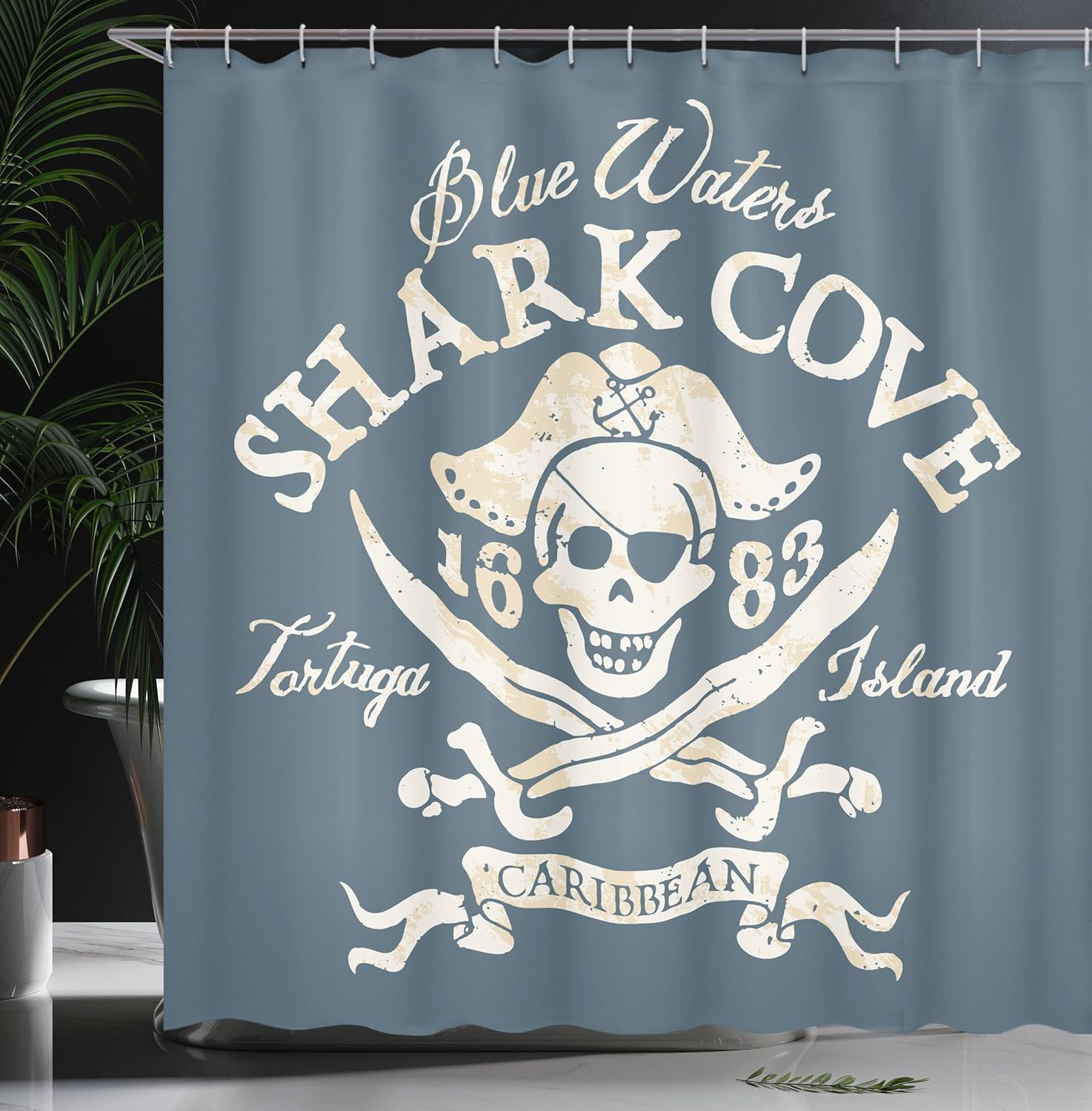 Ambesonne Cortina de ducha pirata, Shark Cove Tortuga Island Caribbean Waters Retro Jolly Roger, juego de decoración de baño de tela con ganchos, 69