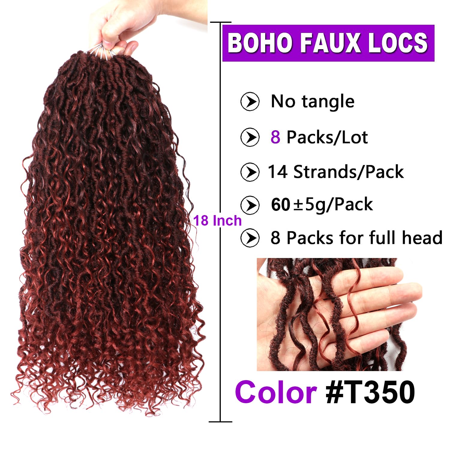 8 paquetes de cabello sintético de ganchillo Goddess Locs de 18 pulgadas para mujeres negras, extensiones de cabello sintético preanudado suave con