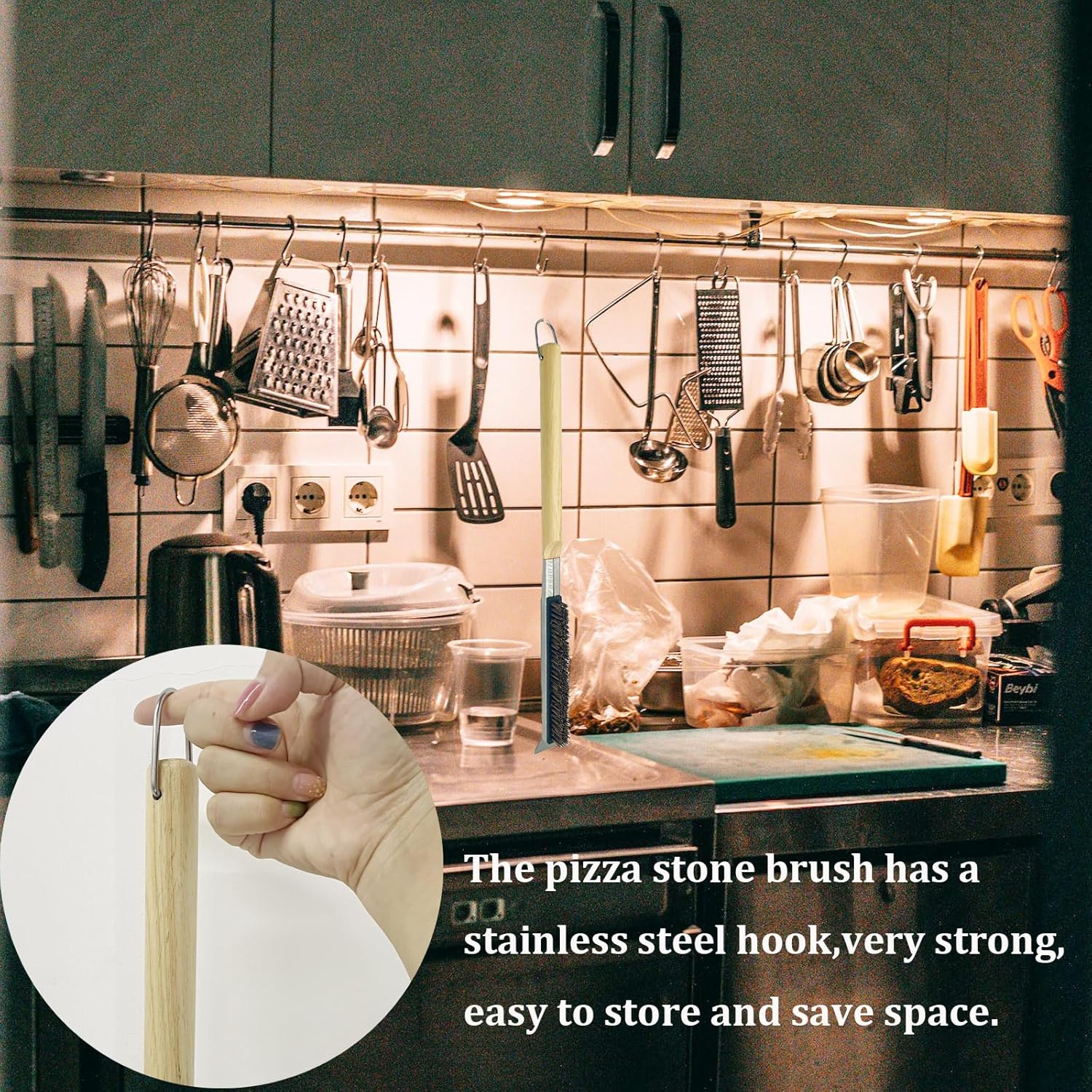 Cepillo para horno de pizza con raspador, cepillo de piedra de pizza de 21 pulgadas con mango de madera largo desmontable, resistente al calor,