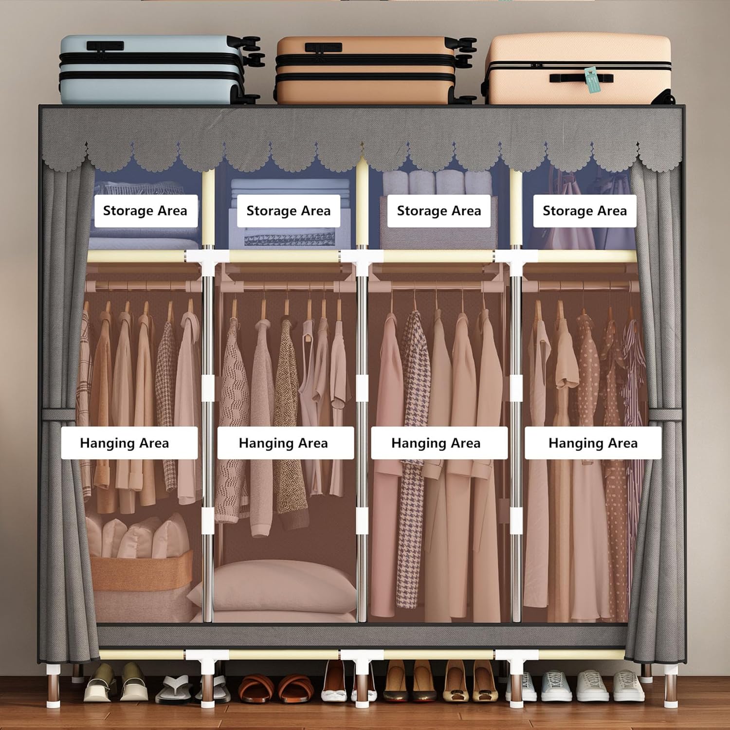 LEAIJIAFY Armario portátil grande para dormitorio, armario organizador de ropa, armario de Amories simple con cubierta de tela no tejida gris, tubo