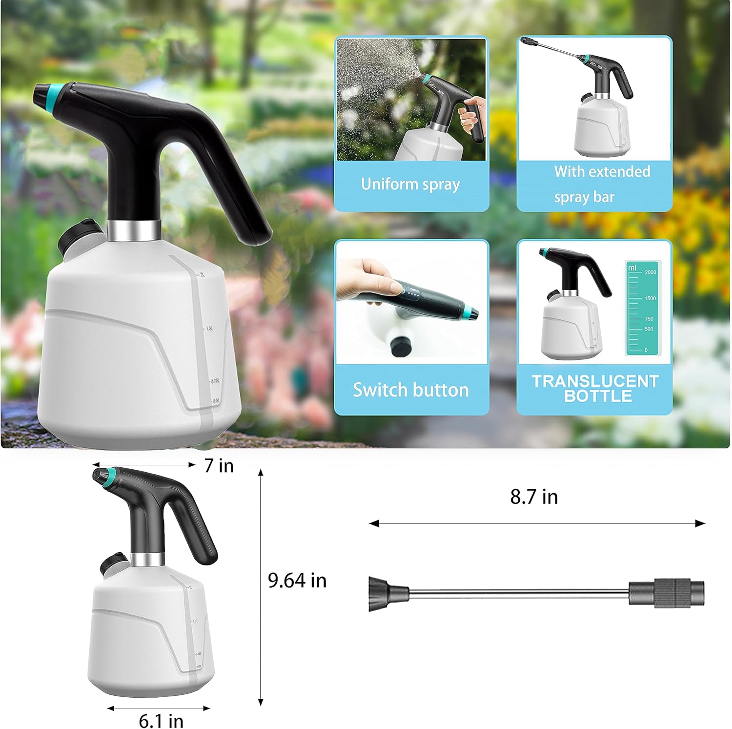 Botella pulverizadora eléctrica de 0.5 galones para plantas, regadera automática de 0.5 galones con boquilla ajustable para jardín, fertilización,