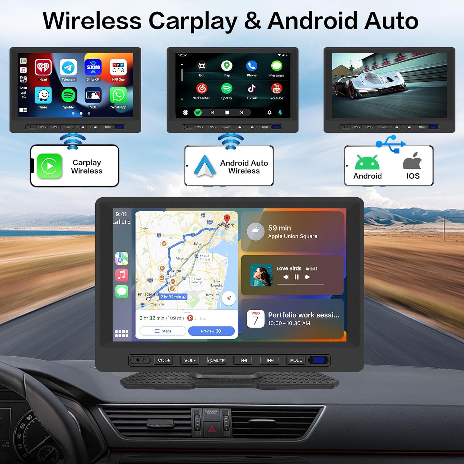 Hikity Estéreo inalámbrico portátil Carplay para automóvil, pantalla táctil HD de 7 pulgadas para automóvil con Android inalámbrico Auto, Mirror