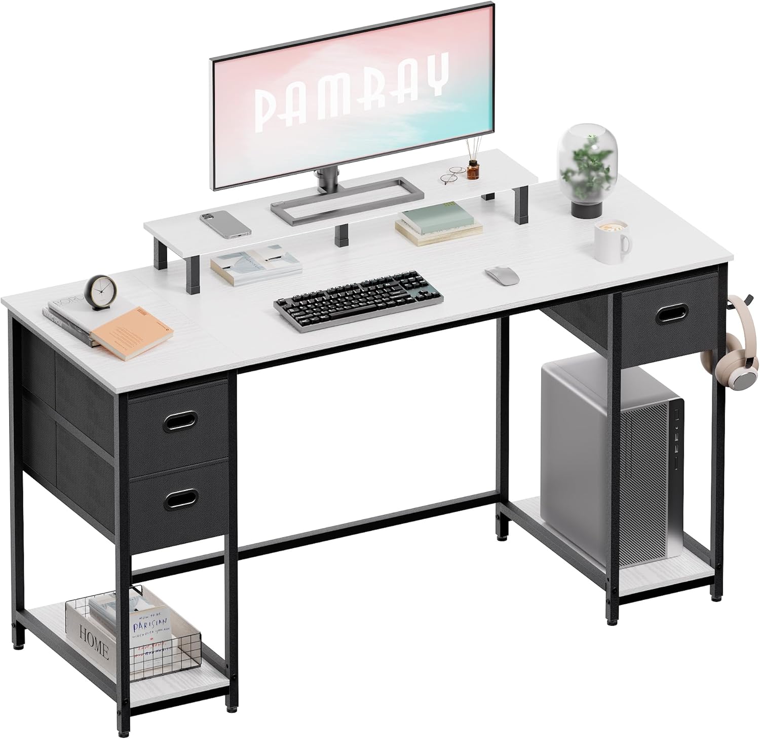 Pamray Escritorio para computadora de 55 pulgadas con cajones de almacenamiento no tejidos y soporte para monitor, escritorio de oficina en casa