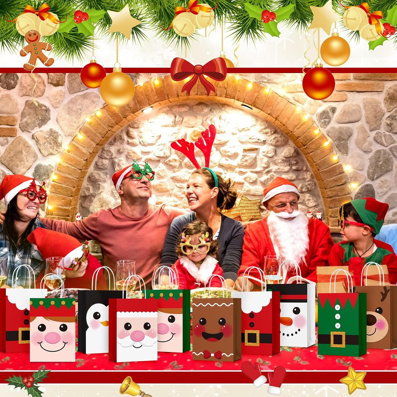 80 bolsas de regalo de Navidad con asas, tamaño pequeño, reutilizables, bolsas de papel de estraza de papel de estraza de Feliz Navidad, bolsas de
