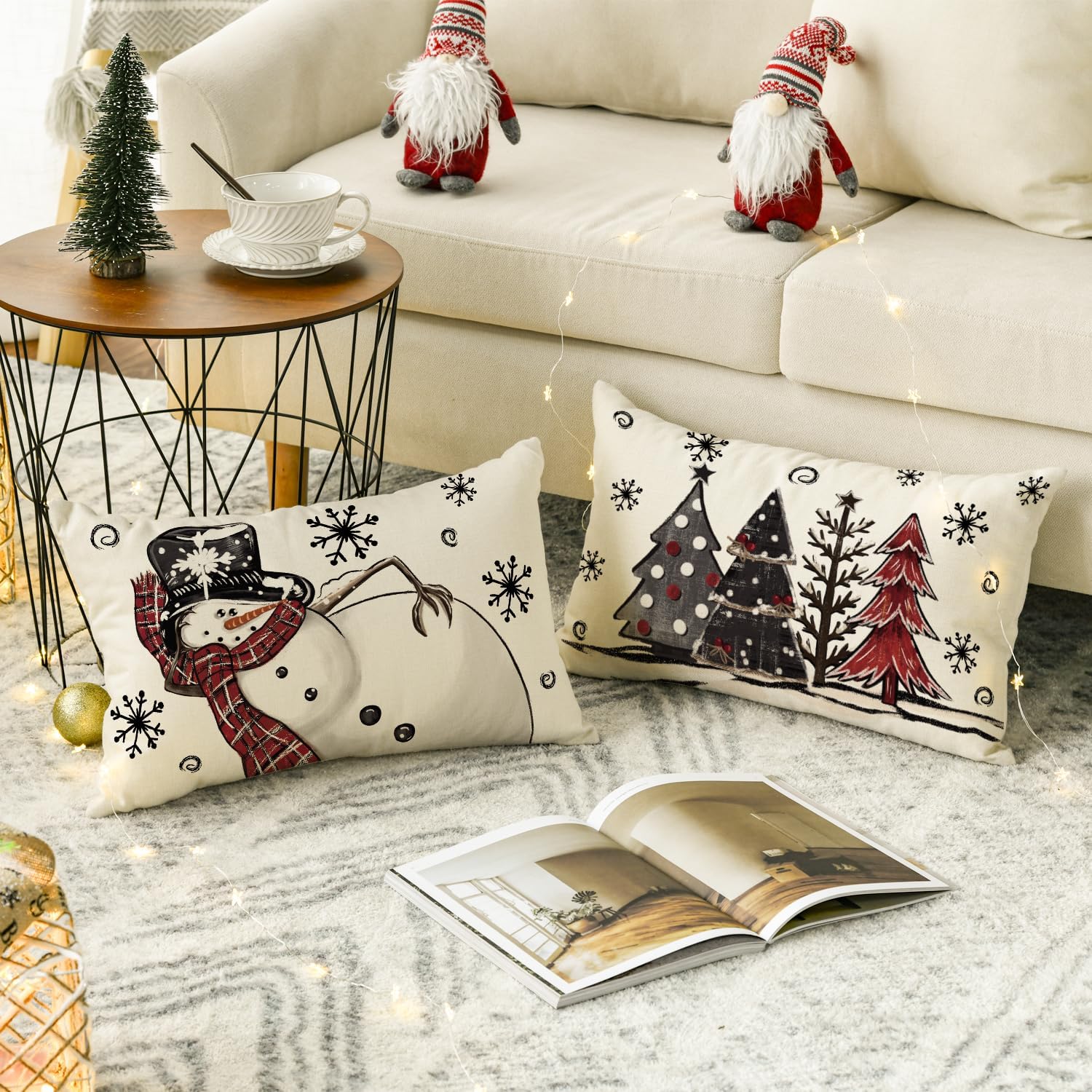 AVOIN colorlife Juego de 4 fundas de almohada con diseño de muñeco de nieve con texto en inglés Merry Christmas con diseño de muñeco de nieve Let It