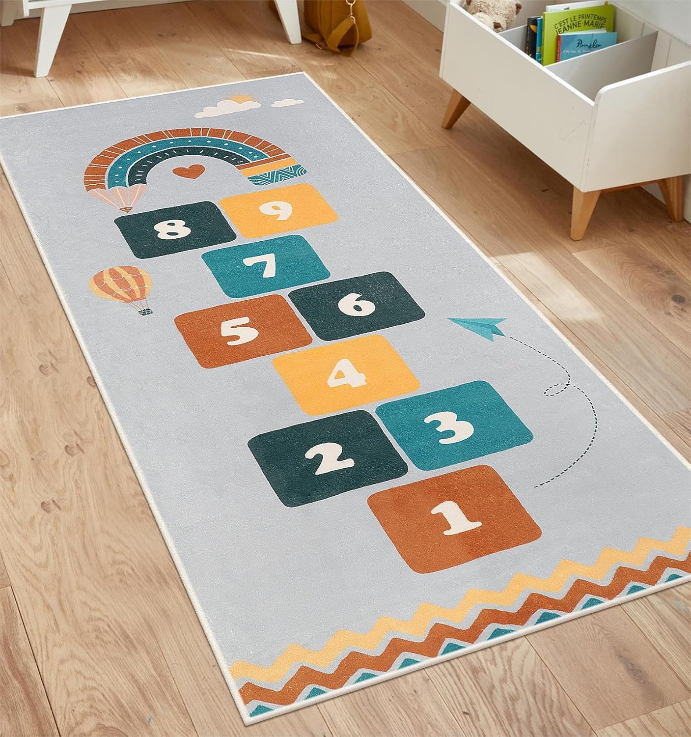 STARUIA Alfombra gris Hopscotch para niños para sala de juegos, alfombra antideslizante lavable para habitación de los niños, alfombra suave y