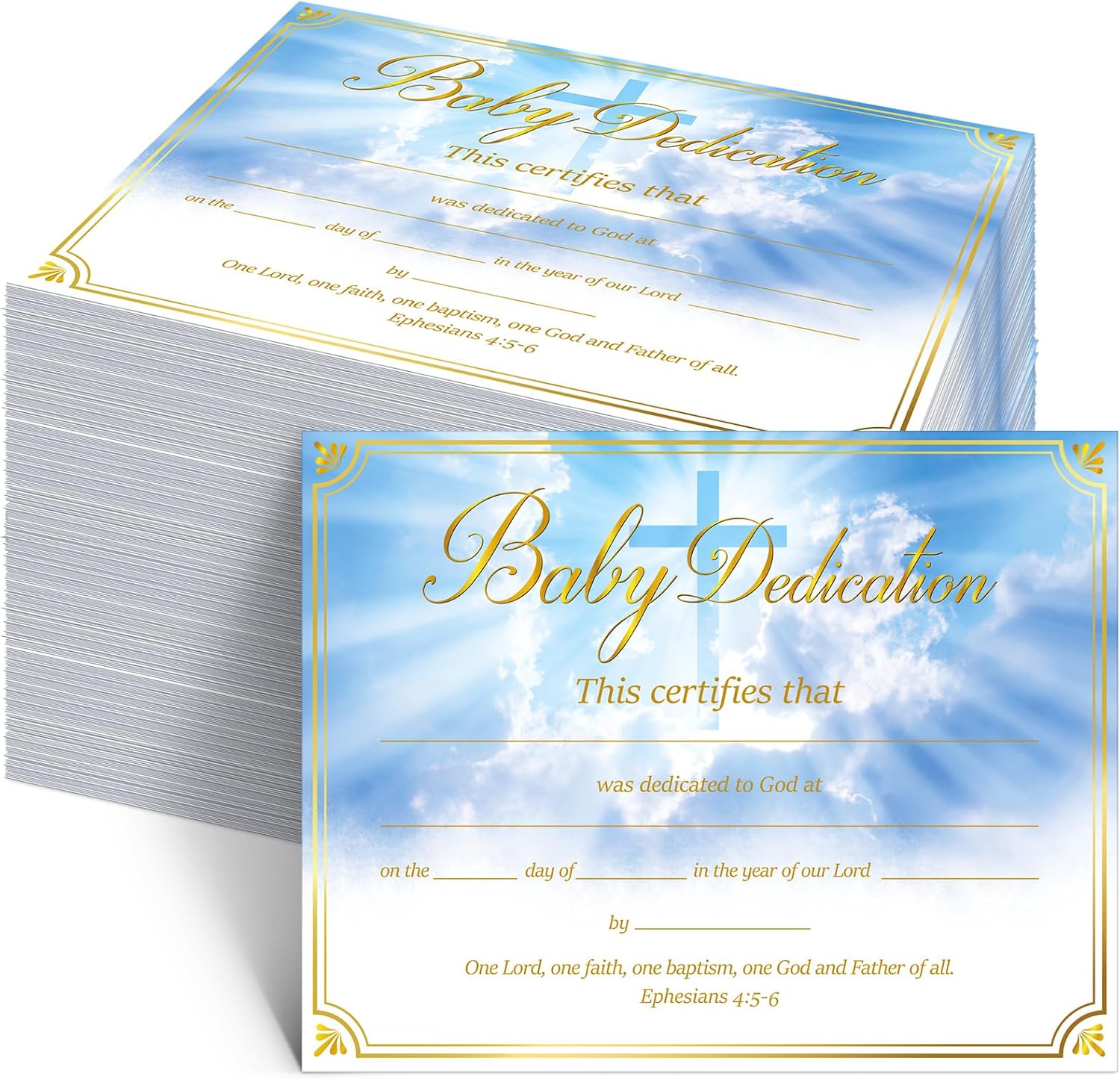 Qilery 100 certificados de dedicación para bebés, certificados de bautismo recubiertos a todo color para regalos de bautizo de iglesia y bebé (cruz