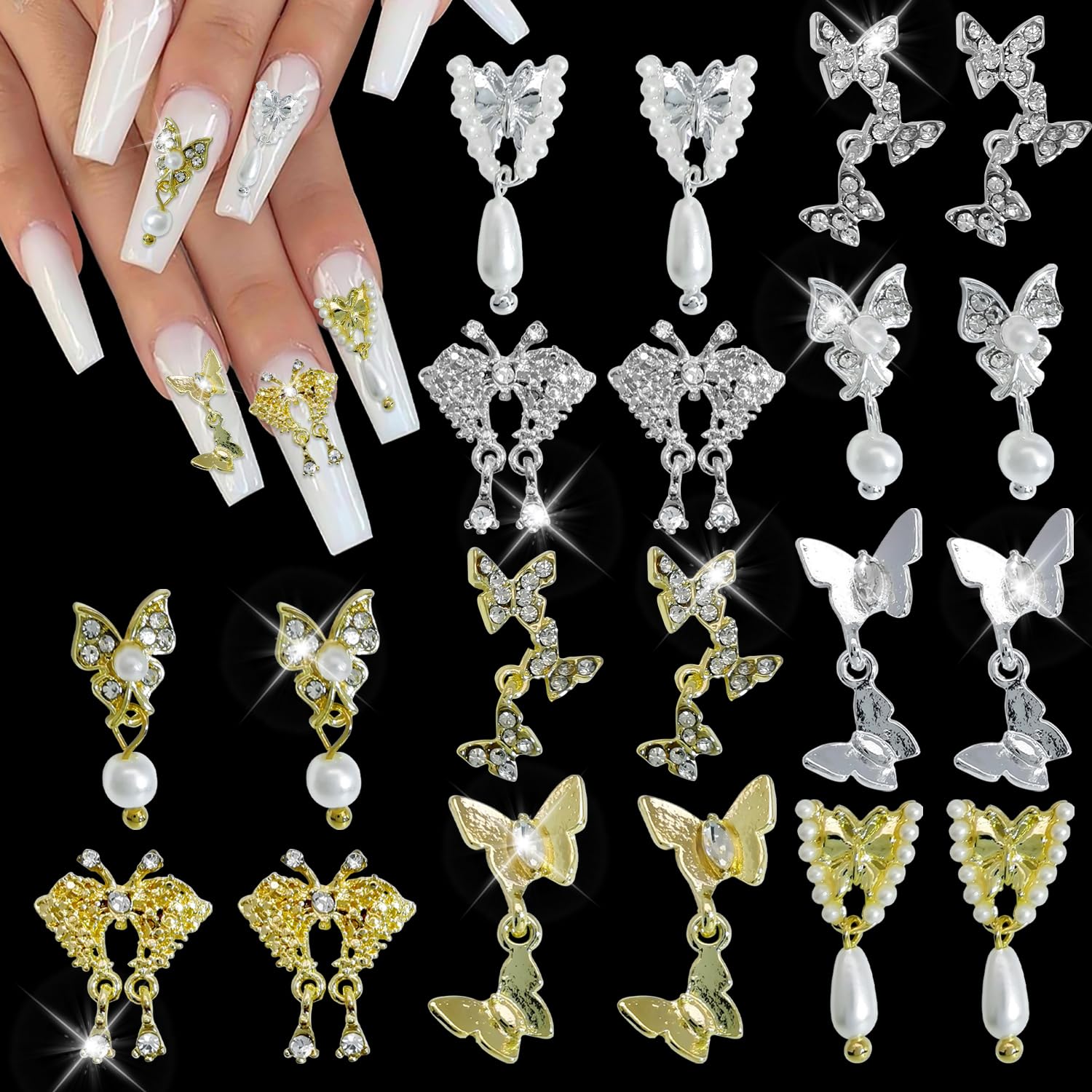DANNEASY 20 dijes de mariposa 3D para uñas, colgantes con parte trasera plana, gemas de cristal, aleación de diamante, mariposas, decoración de uñas