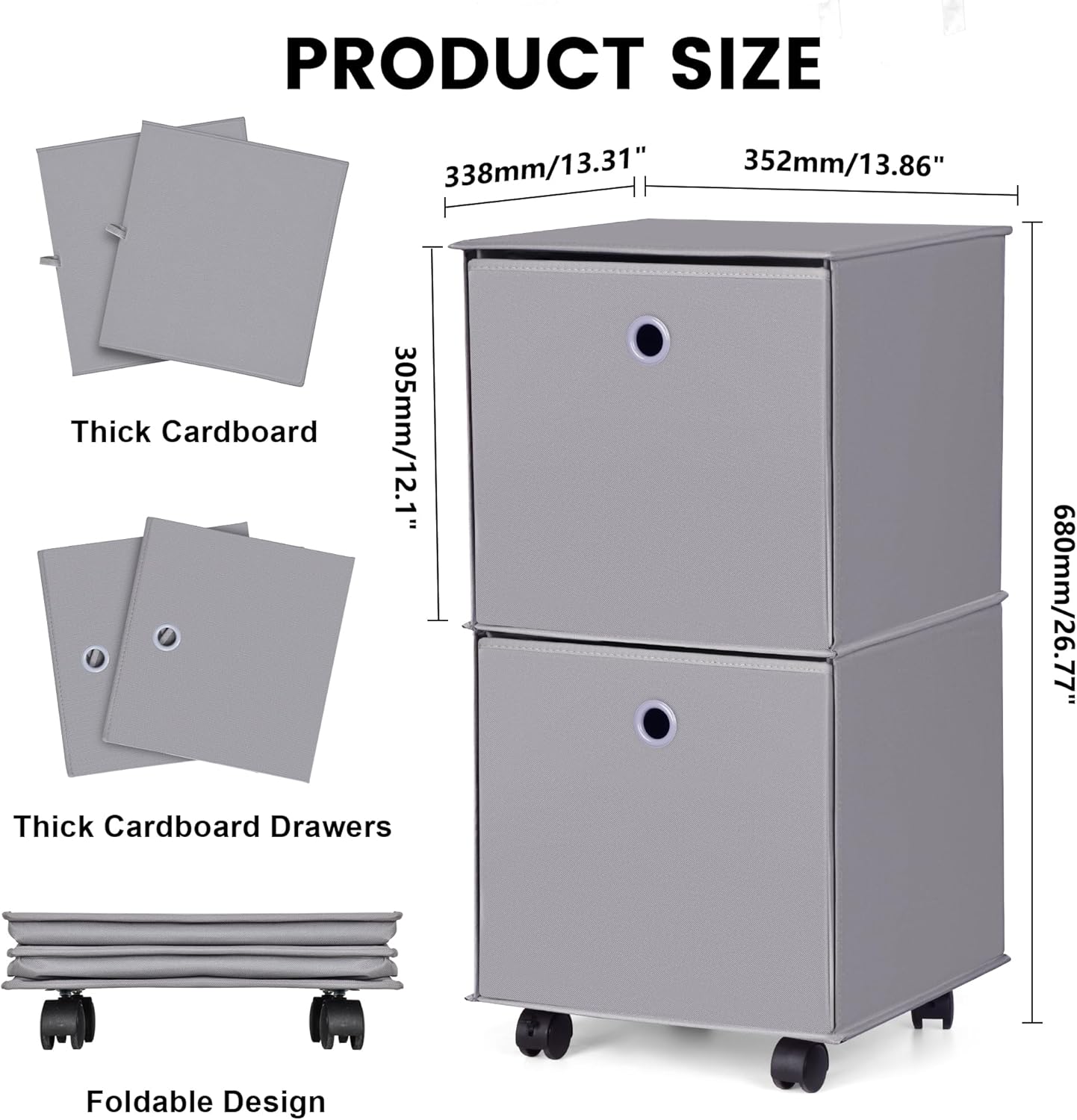 JOMOLA Cómoda de tela enrollable con 2 cajones, organizador plegable para ropa, gris, ligero, cajón de almacenamiento para dormitorio, sala de