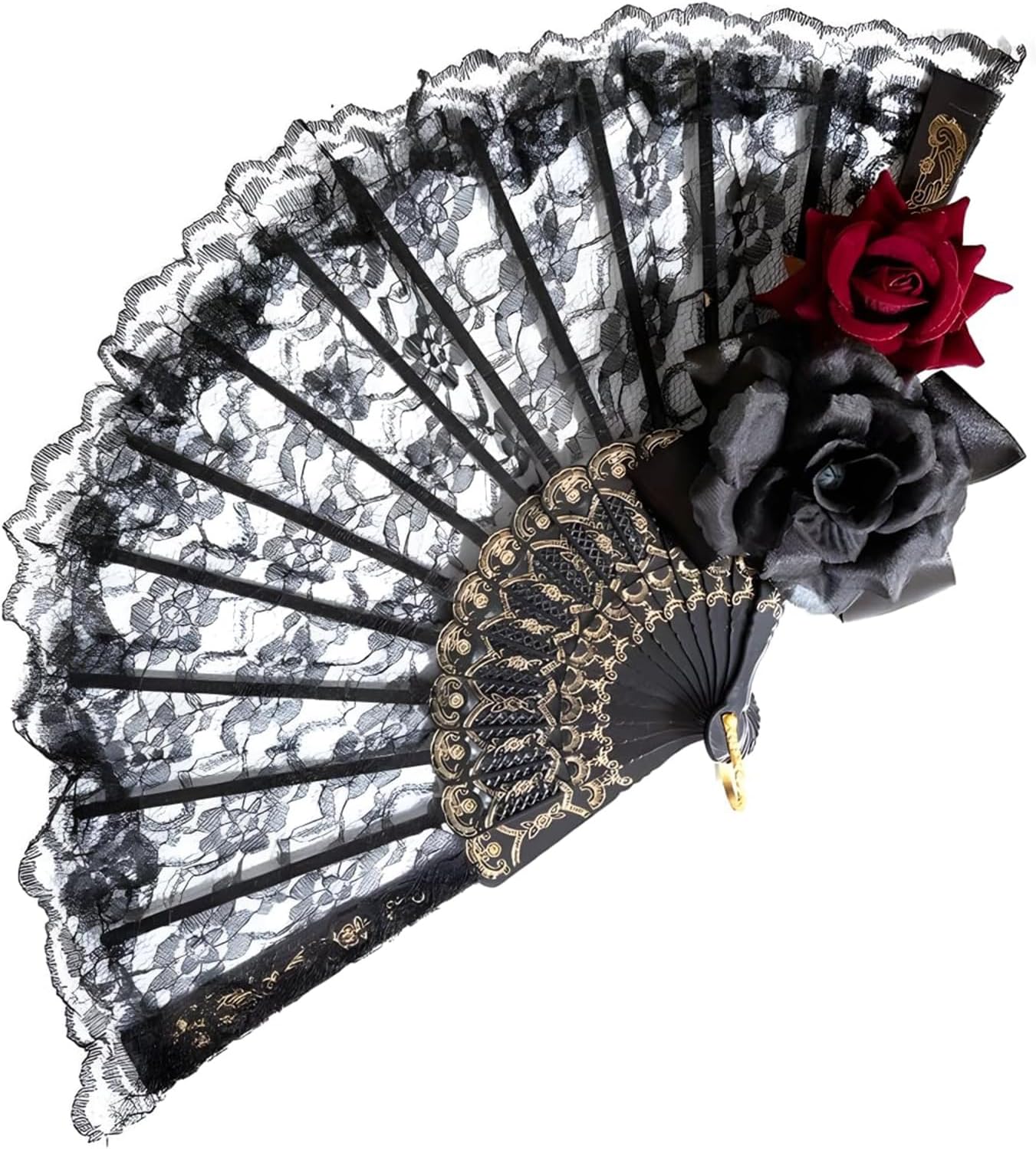 Ceoyiler Abanico de encaje negro para Halloween, color rosa, de mano, retro, español, plegable, para mujeres y niñas, fiesta de Halloween, cosplay,