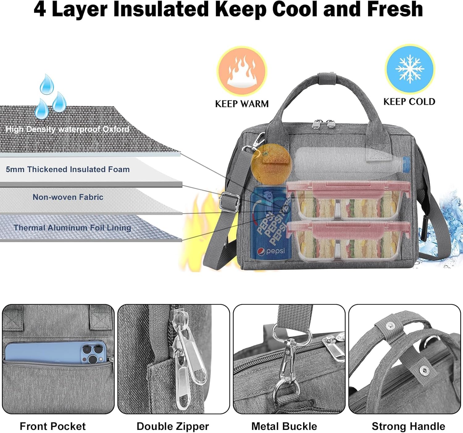 Lonchera aislada para mujer, pequeñas bolsas de almuerzo para el trabajo, elegantes bolsas de almuerzo pequeñas para adultos con correa, bolsa de