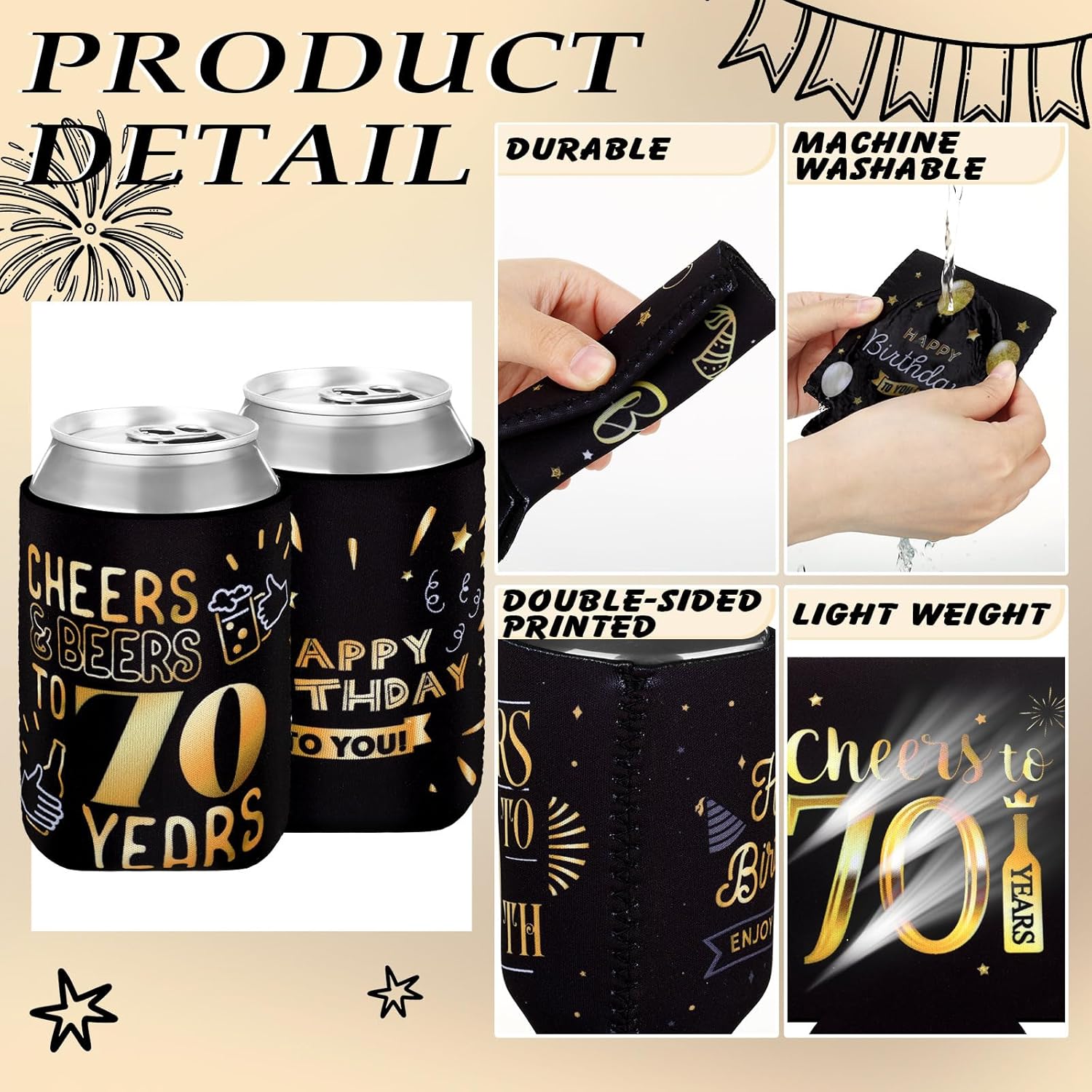 24 fundas para latas de 70 cumpleaños a 70 años, de neopreno, para decoración de cumpleaños de 70 años, regalos de fiesta de cumpleaños 70,