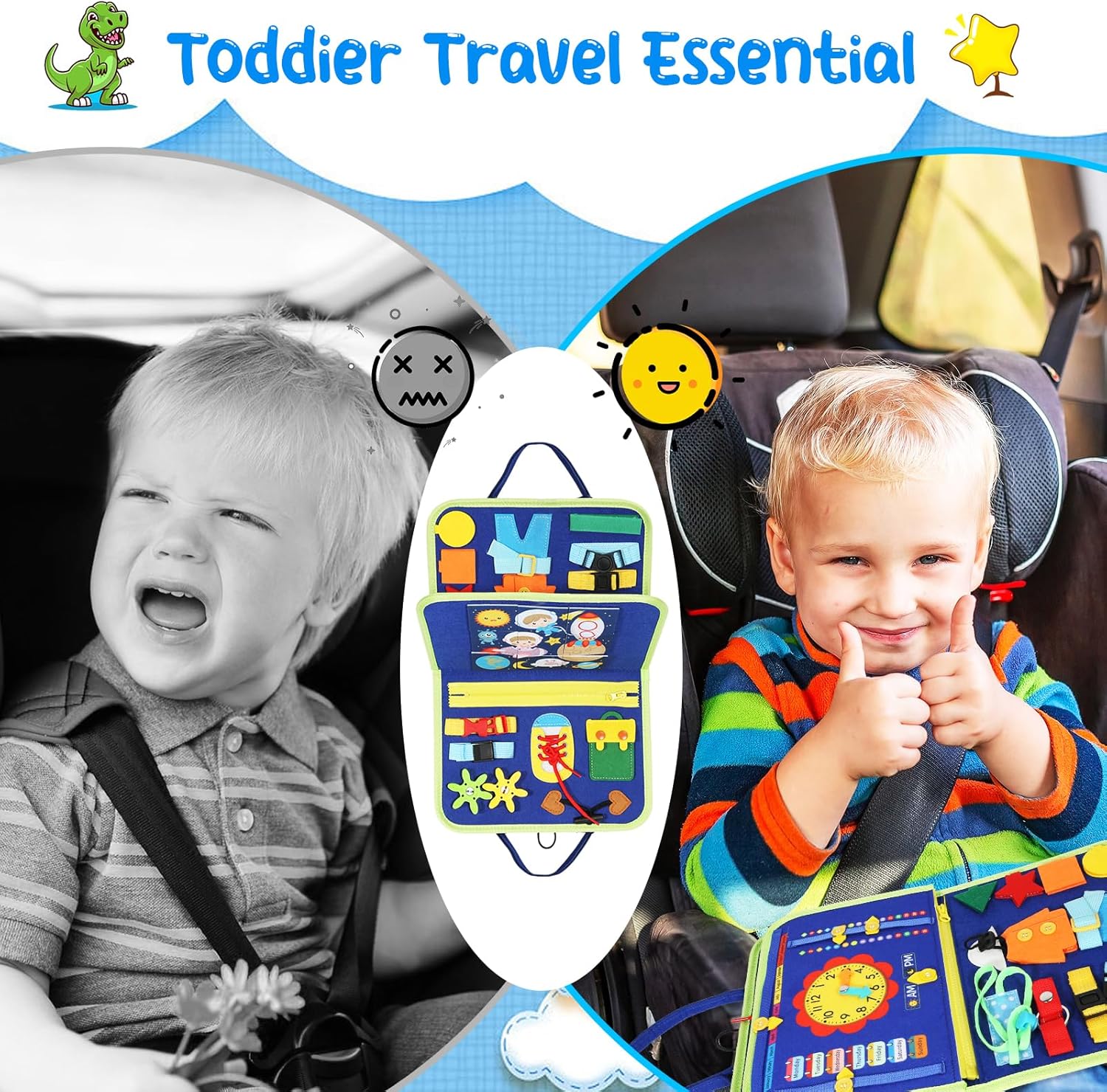 Tablero de actividades, tablero de actividades para niños pequeños de 1 a 4 años, juguetes Montessori para niños pequeños, color azul, 6 páginas