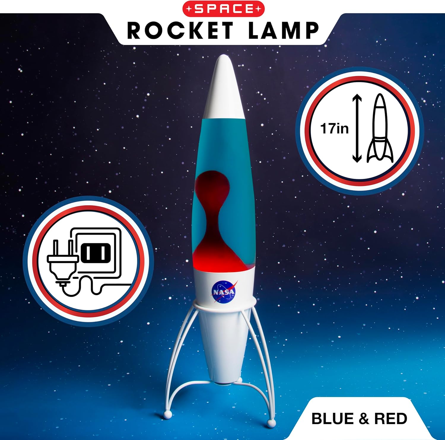 Lámpara de lava de cohete inspirada en la NASA. Incluye líquido azul y lava roja. 16.9 in17 pulgadas de alto. Alimentado por red eléctrica. Incluye