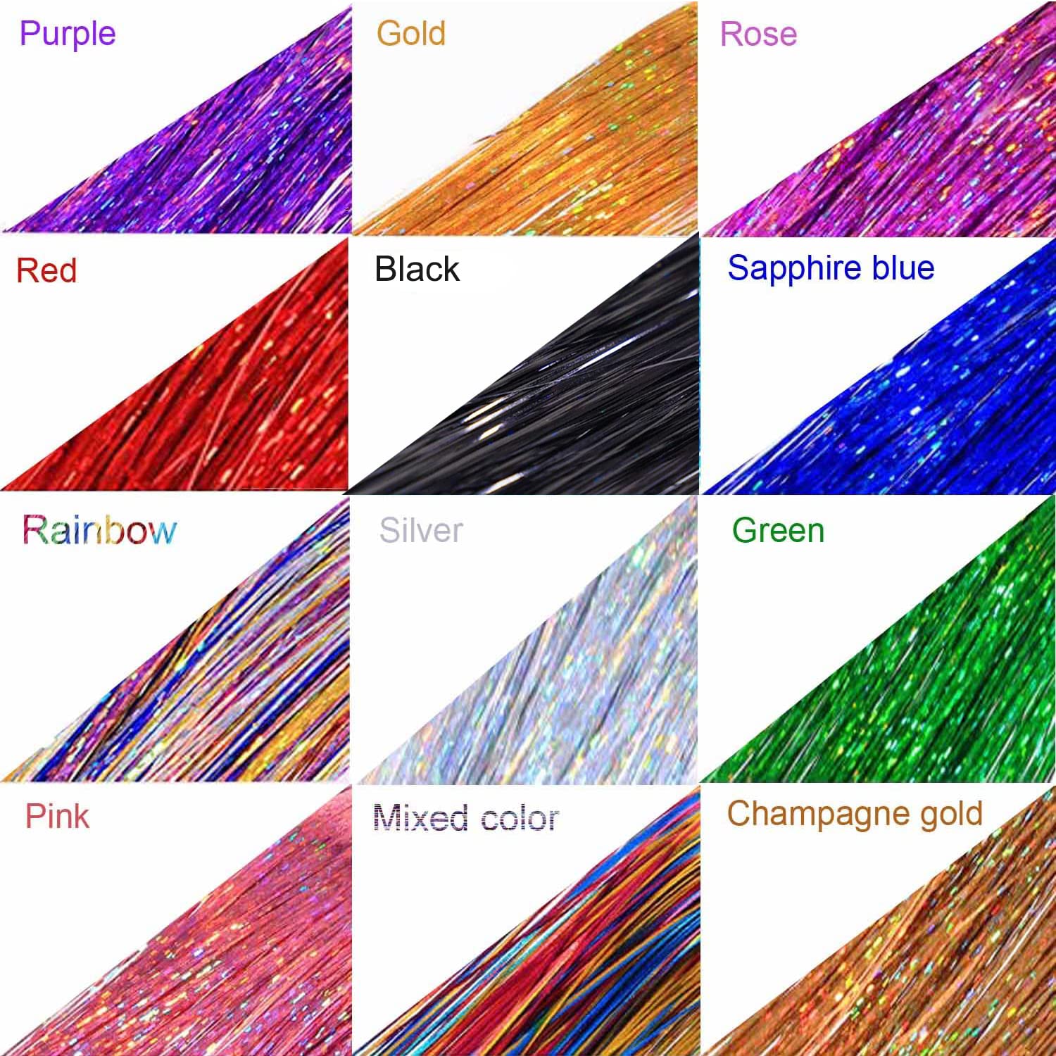 12 extensiones de cabello de oropel con clip de oropel con purpurina de 19.6 pulgadas, kit de oropel resistente al calor, accesorios de cabello de