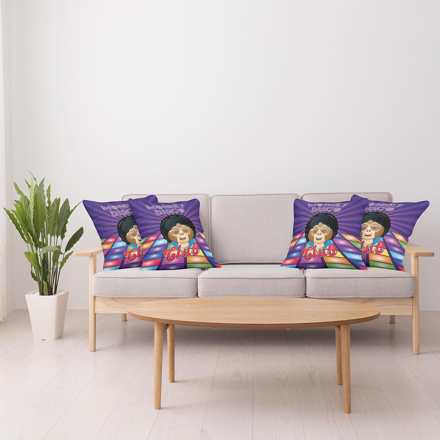 Ambesonne Emoji – Juego de 4 fundas de almohada decorativas, diseño de mono disco retro, divertido personaje de simio con pelo afro loco, funda de