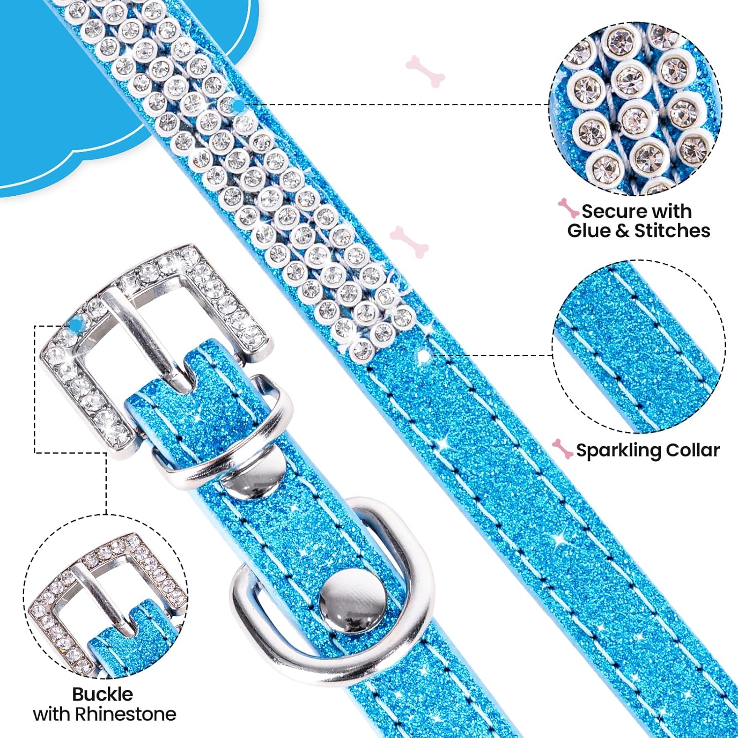Apasiri Collar de perro con diamantes de imitación para perros pequeños, collar de perro azul, collar de cuero para perros medianos, lindo collar de