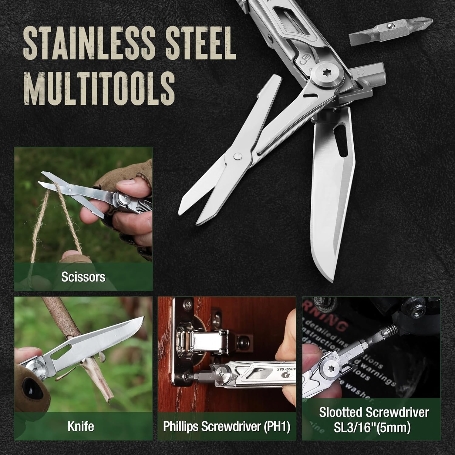 Mossy Oak Cuchillo de bolsillo multiherramienta 12 en 1 con bolsa, cuchillo multiherramienta de acero inoxidable con clip, herramientas de
