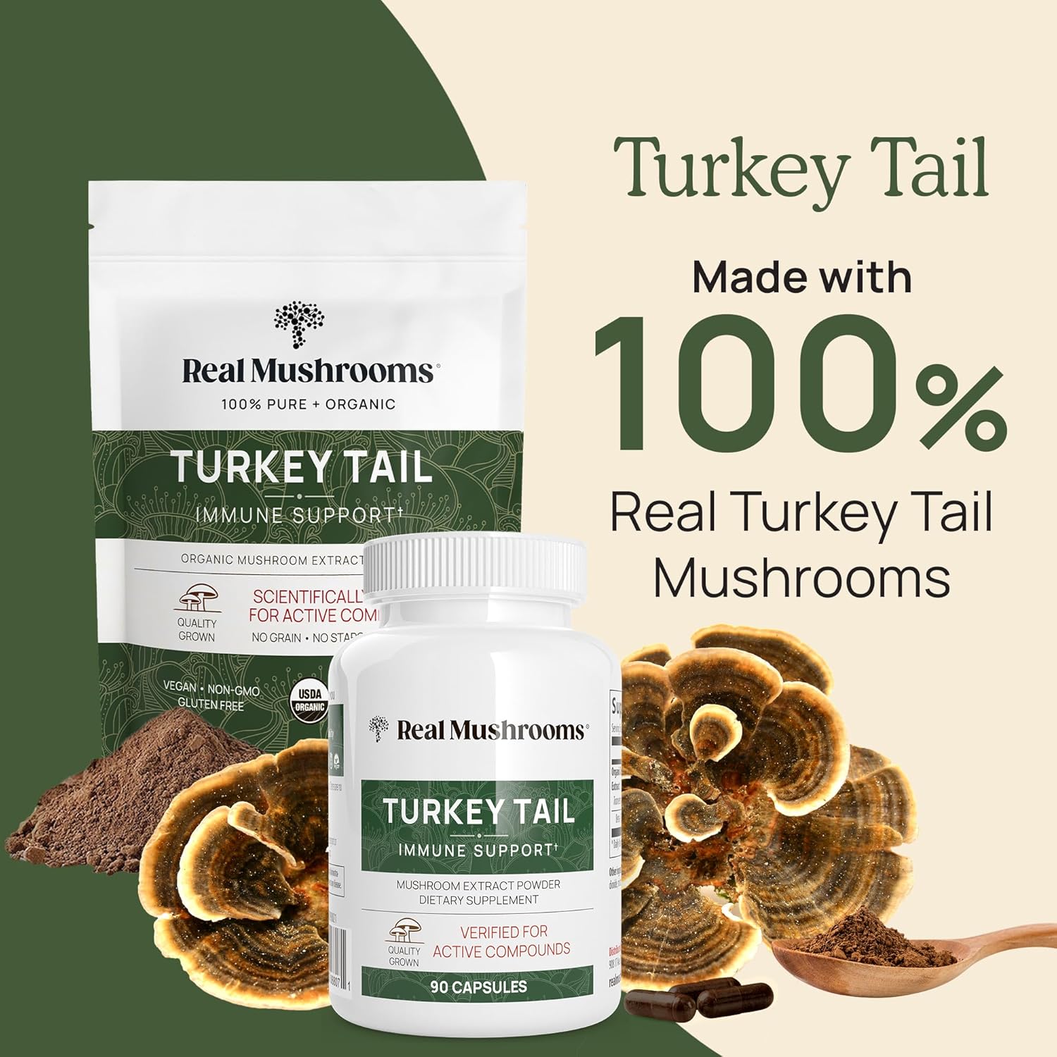 Real Mushrooms Paquete de vitamina D2, zinc, chaga, reishi (120 unidades) y cola de pavo (90 unidades)  Suplemento natural de fuerza inmunológica