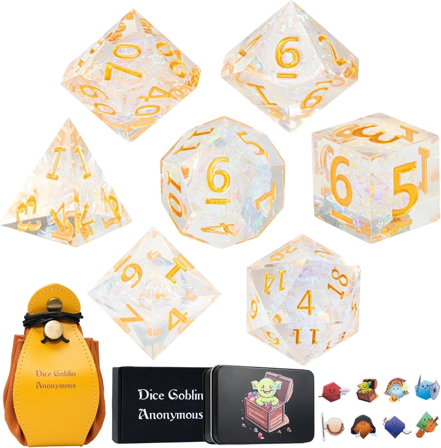 Dice Goblin Anonymous DND – Juego de 7 dados poliédricos de resina de borde afilado para Calabozos y Dragones con bolsa de dados  bandeja y