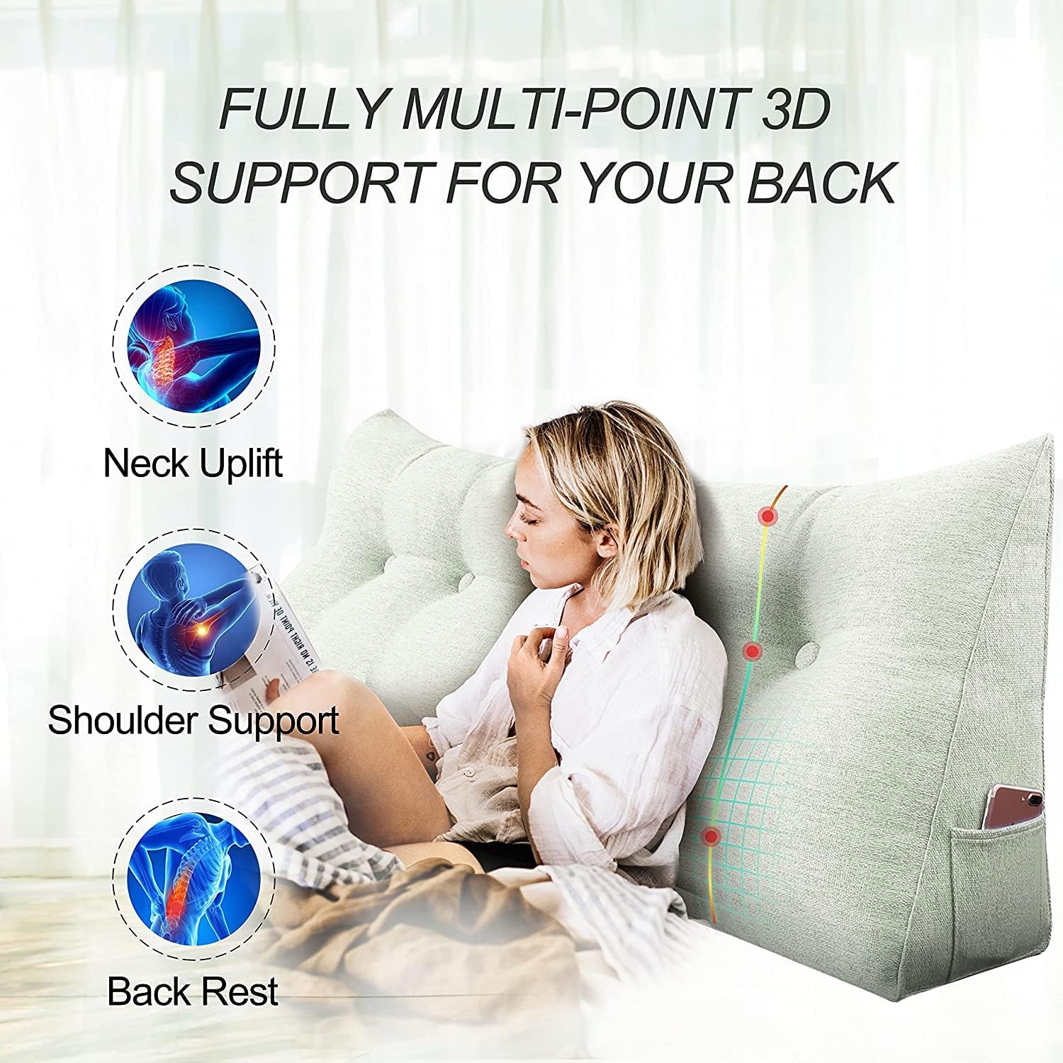 Almohada WOWMAX grande de apoyo con forma triangular, almohada con forma de cuña para respaldo o lectura, cabecero para el día de la Madre, para la