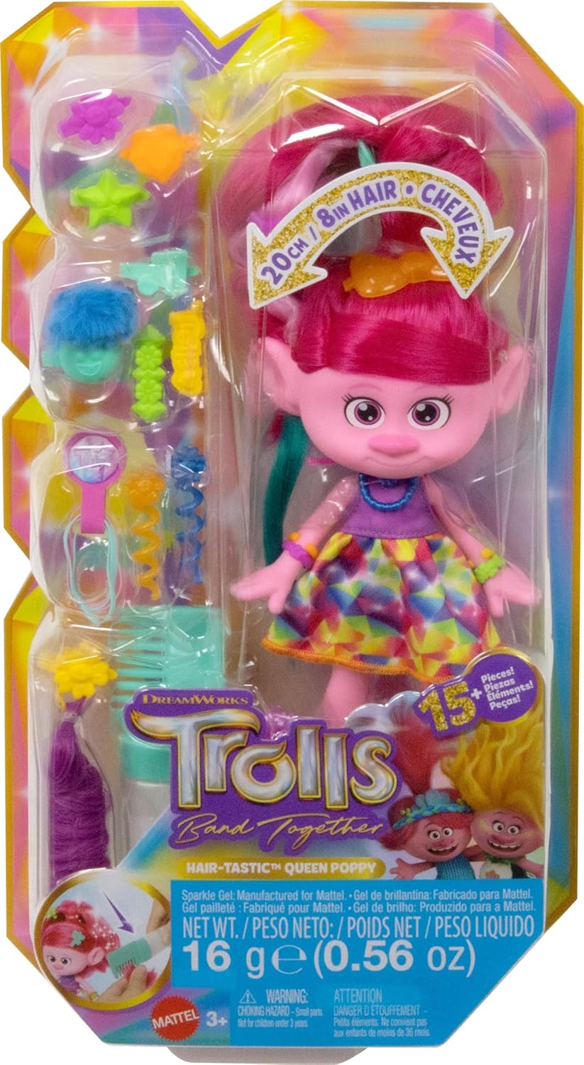 Mattel Muñeca DreamWorks Trolls Band Together y más de 15 accesorios, muñeca de moda Queen Poppy con peine de purpurina